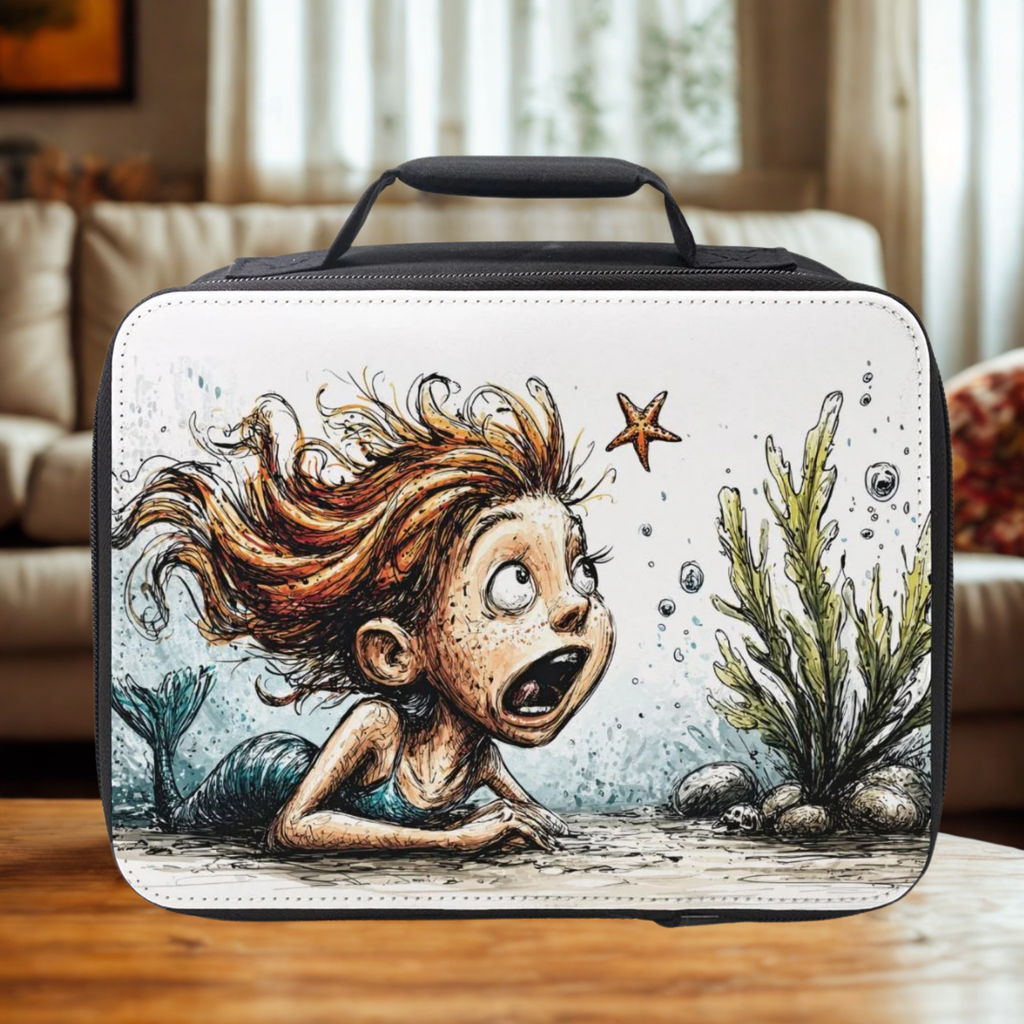 Lunch bag with a mermaid design on a wooden coffee table in a cozy living room