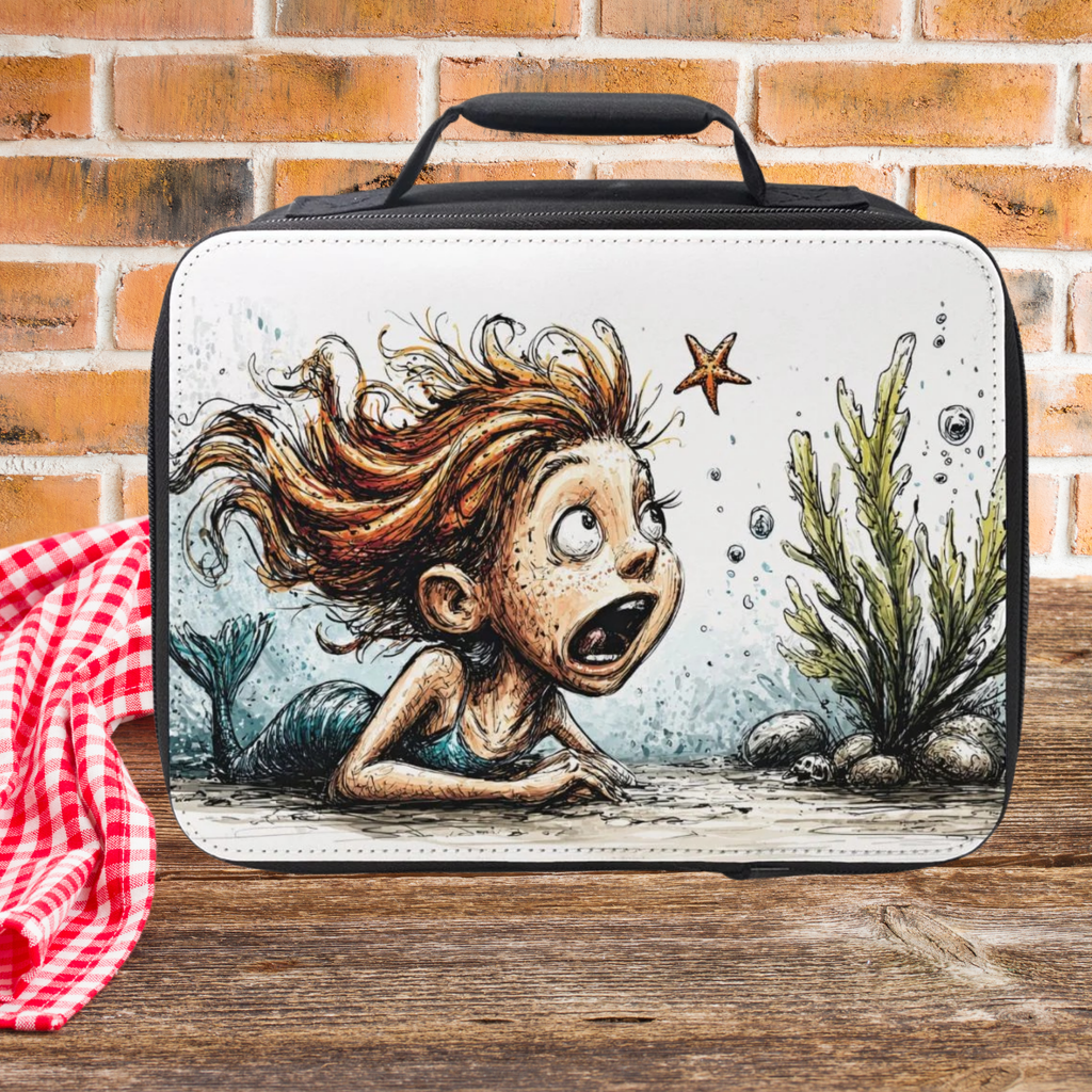 Lunch bag with a mermaid design on a wooden picnic table and brick wall background