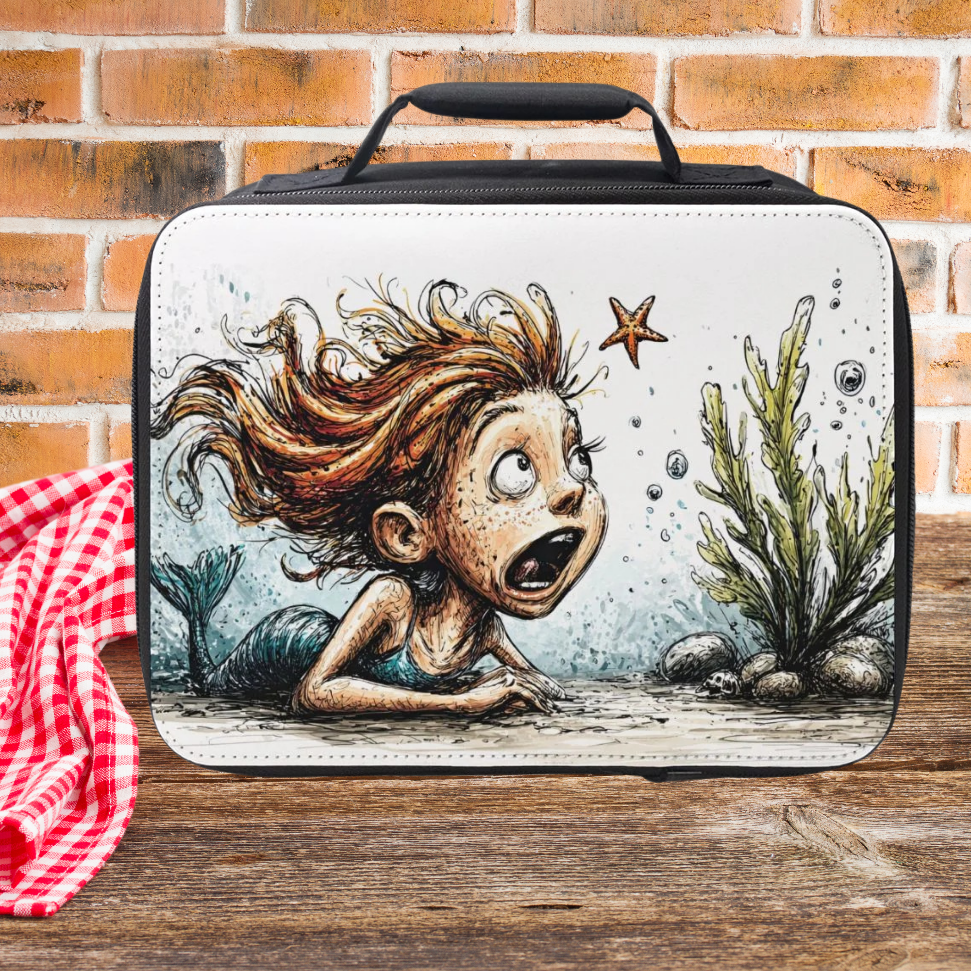 Lunch bag with a mermaid design on a wooden picnic table and brick wall background