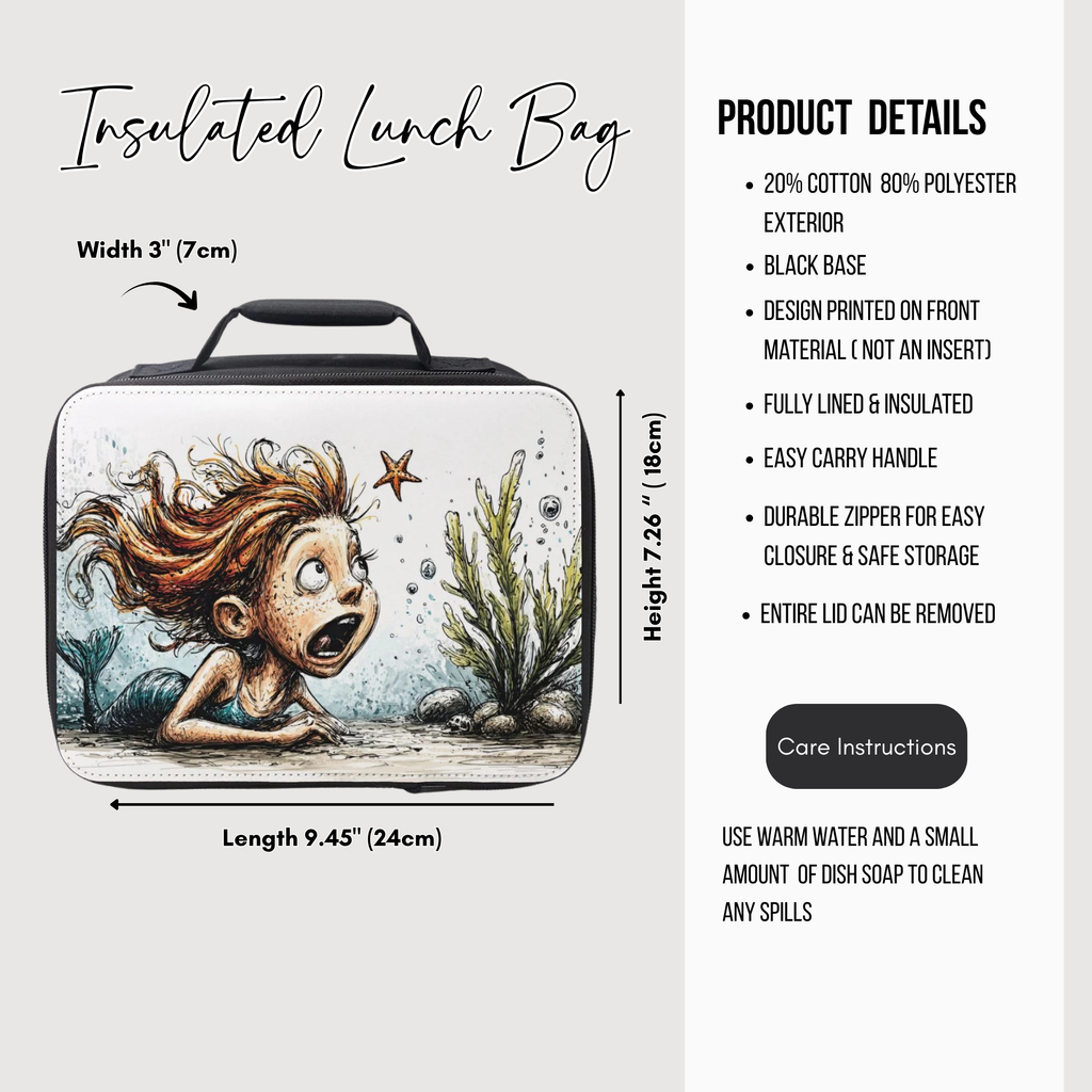 Insulated lunch bag with a design of a child underwater, featuring product details on a white background.