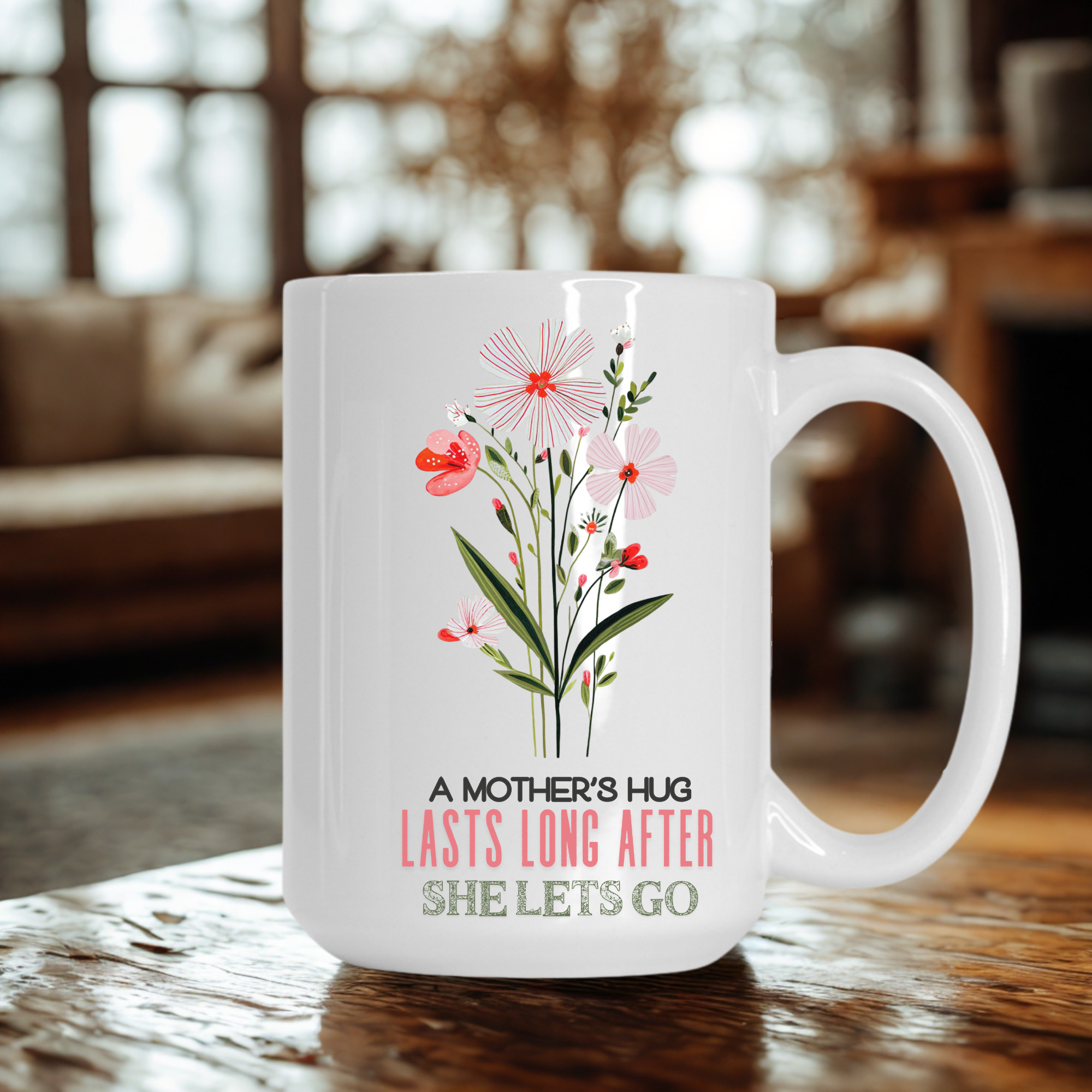 15oz white mug with floral design and text on a wooden table