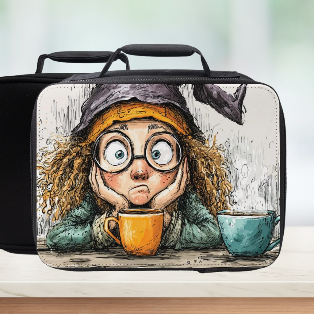  insulated lunch bag with cartoon character witch design on a white background