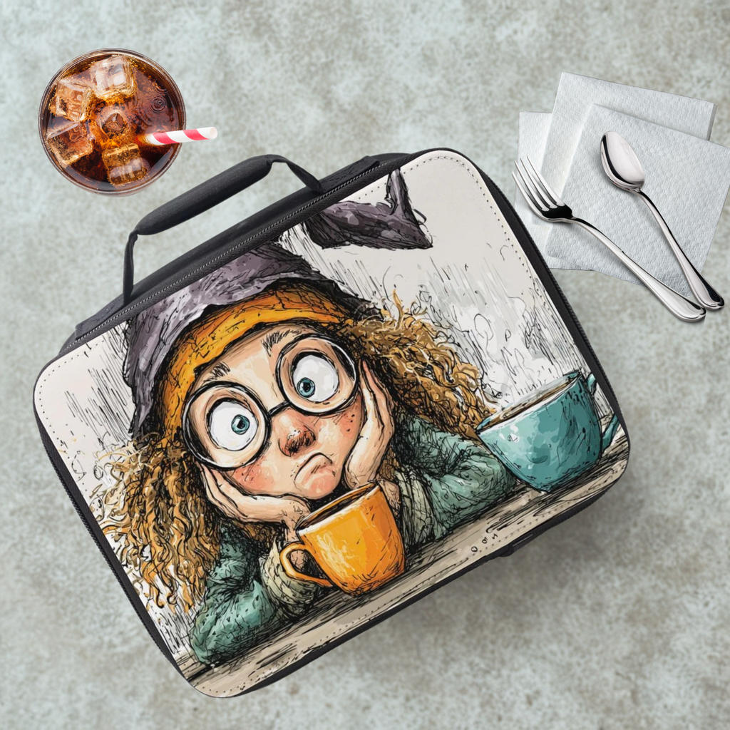 Lunch bag with a cartoon character witch design on a cafeteria table with a drink and utensils.