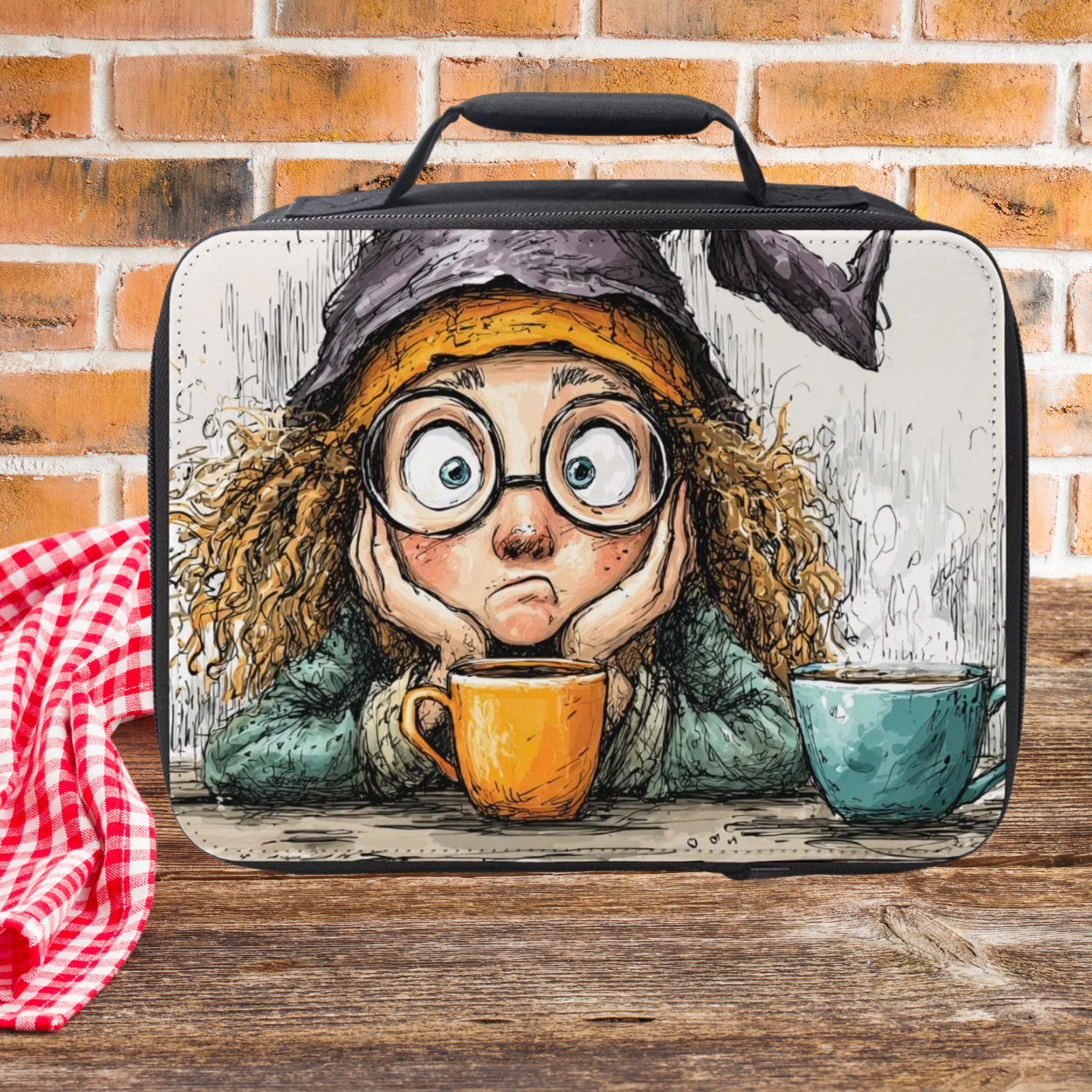 Lunch bag with a cartoon character witch with two cups of coffee on a wooden picnic table against a brick wall background