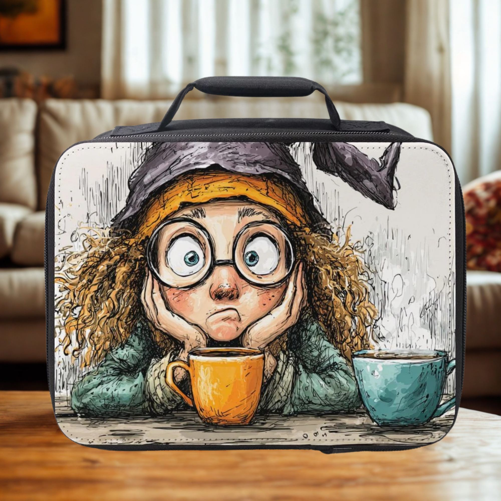  insulated lunch bag with a cartoon character witch with two cups on a wooden coffee table.