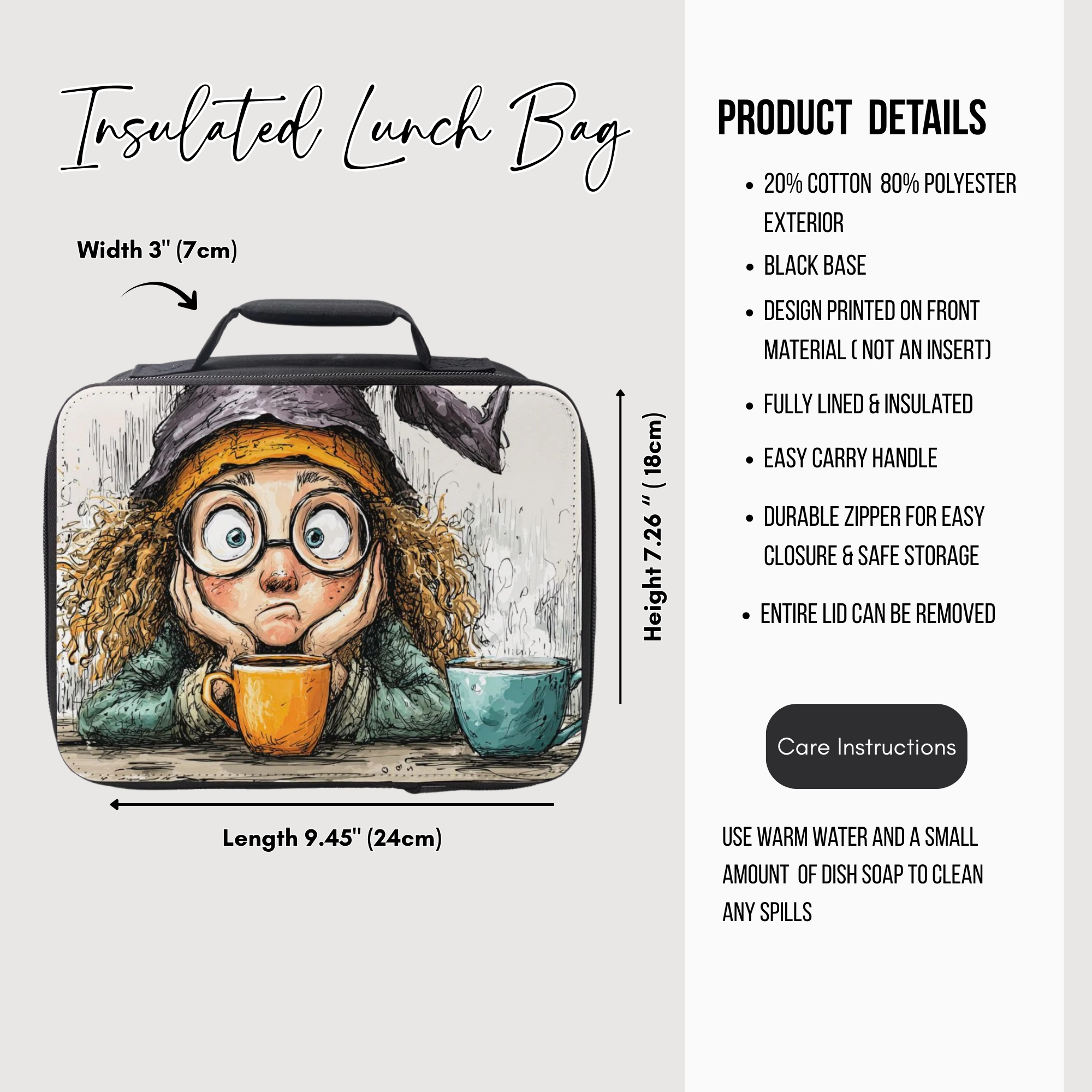 Insulated lunch bag with character witch design and product details on a white background