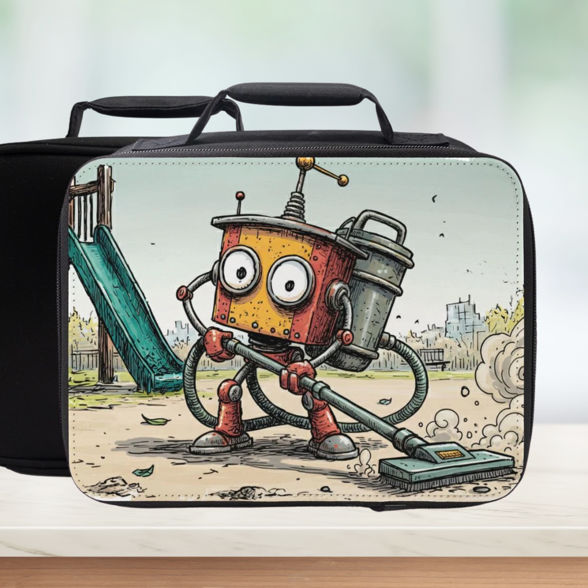 Lunch bag with a cartoon robot design on a wooden surface