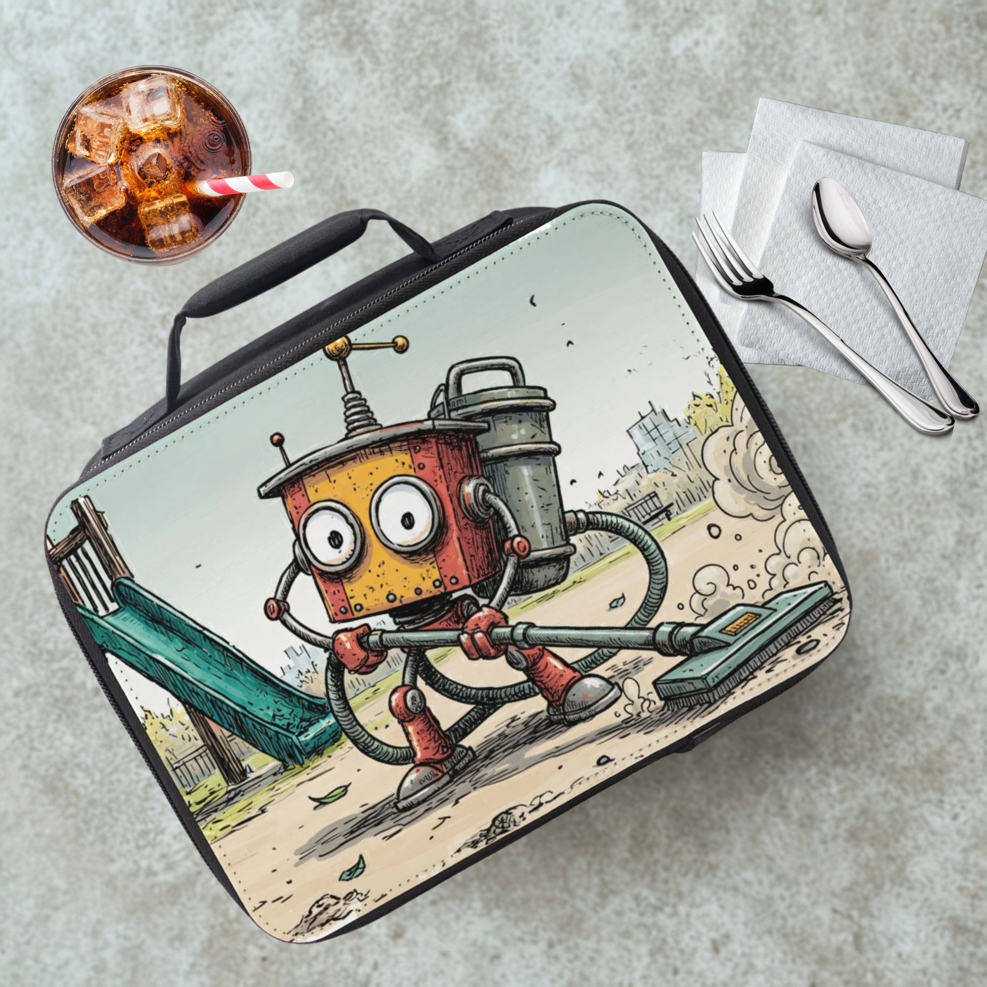 Lunch bag with a robot design on a cafeteria table with a drink and utensils.