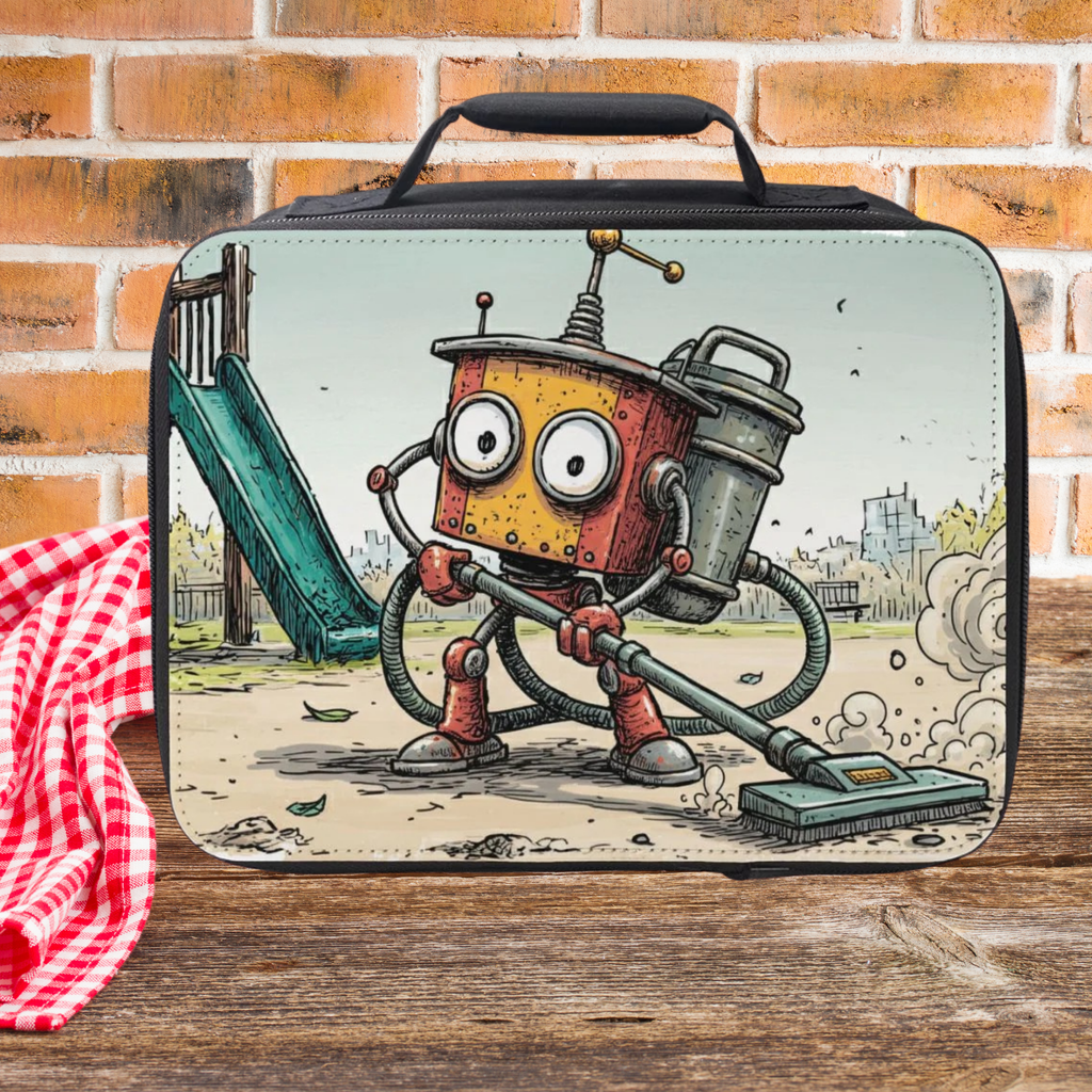 Lunch bag with a cartoon robot design on wooden picnic table and a brick wall background