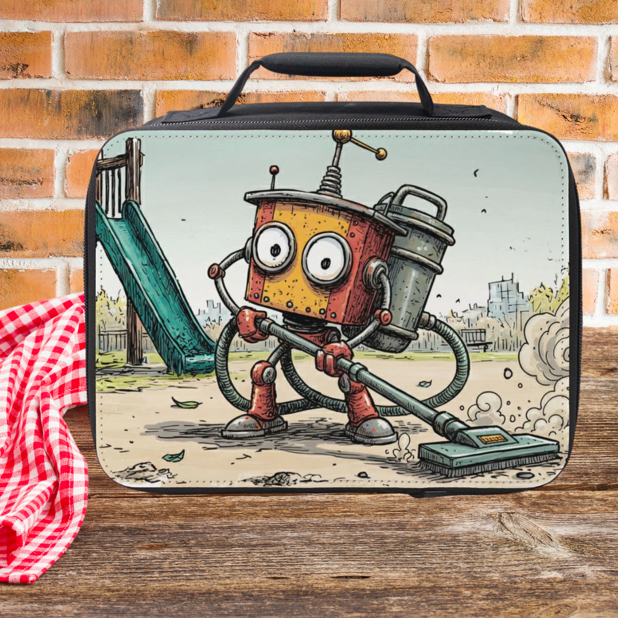 Lunch bag with a cartoon robot design on wooden picnic table and a brick wall background