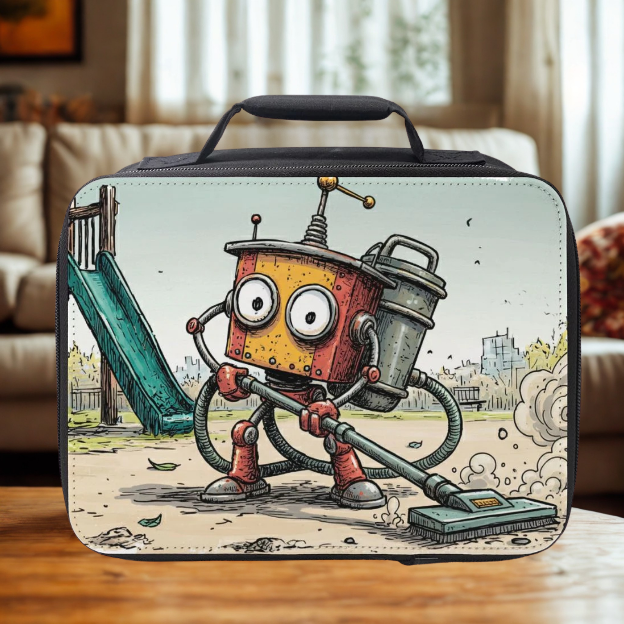 Lunch bag with a cartoon robot design on a wooden surface