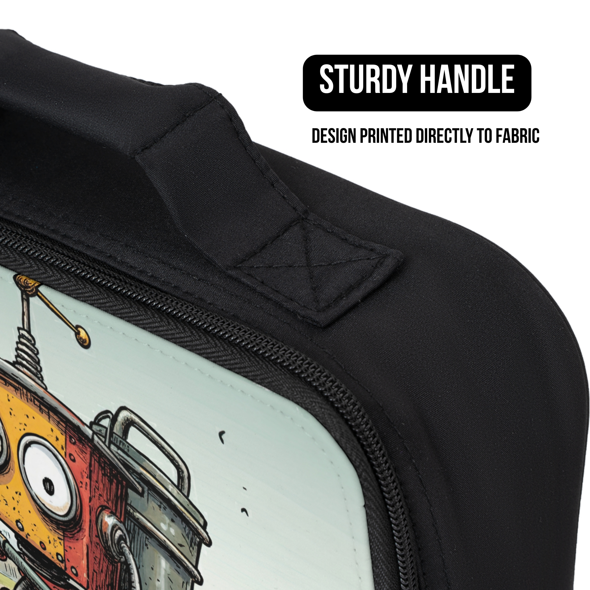 Black lunch bag with a robot design and sturdy handle feature on a white background