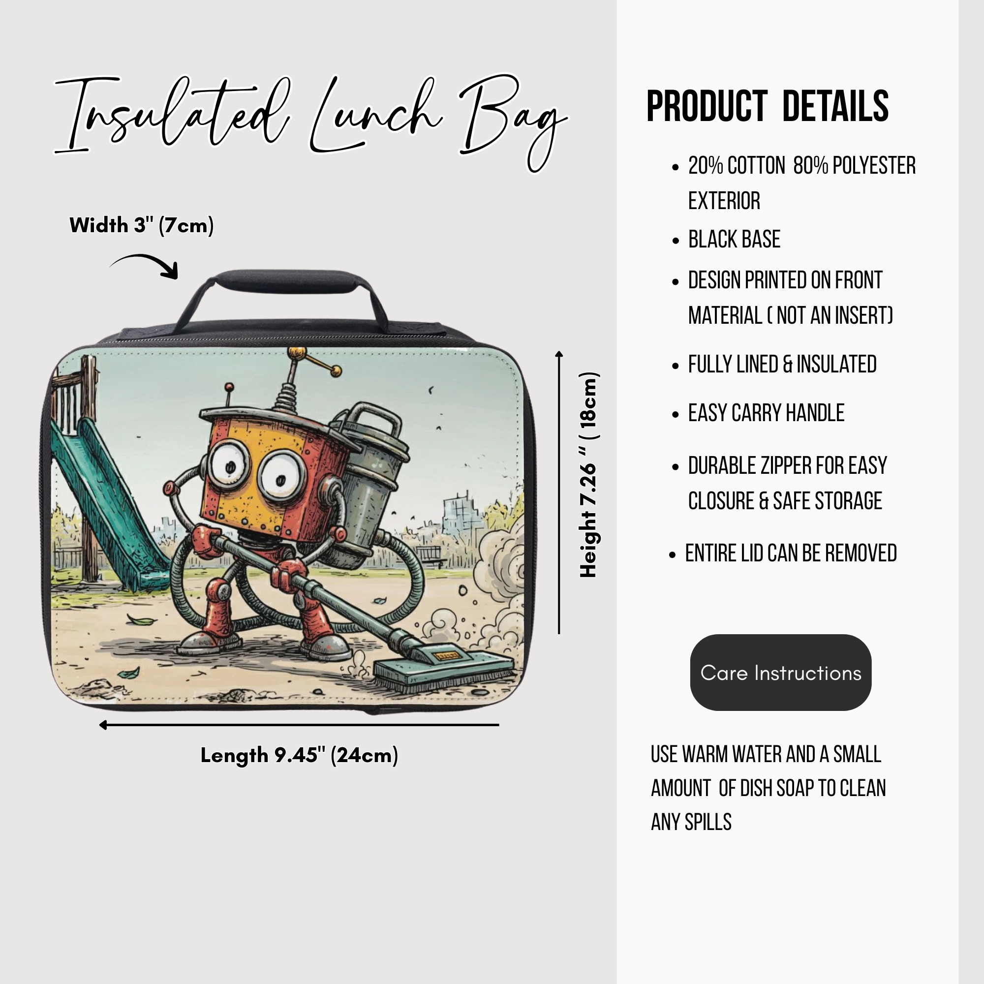 Insulated lunch bag with cartoon robot design and product details on a white background