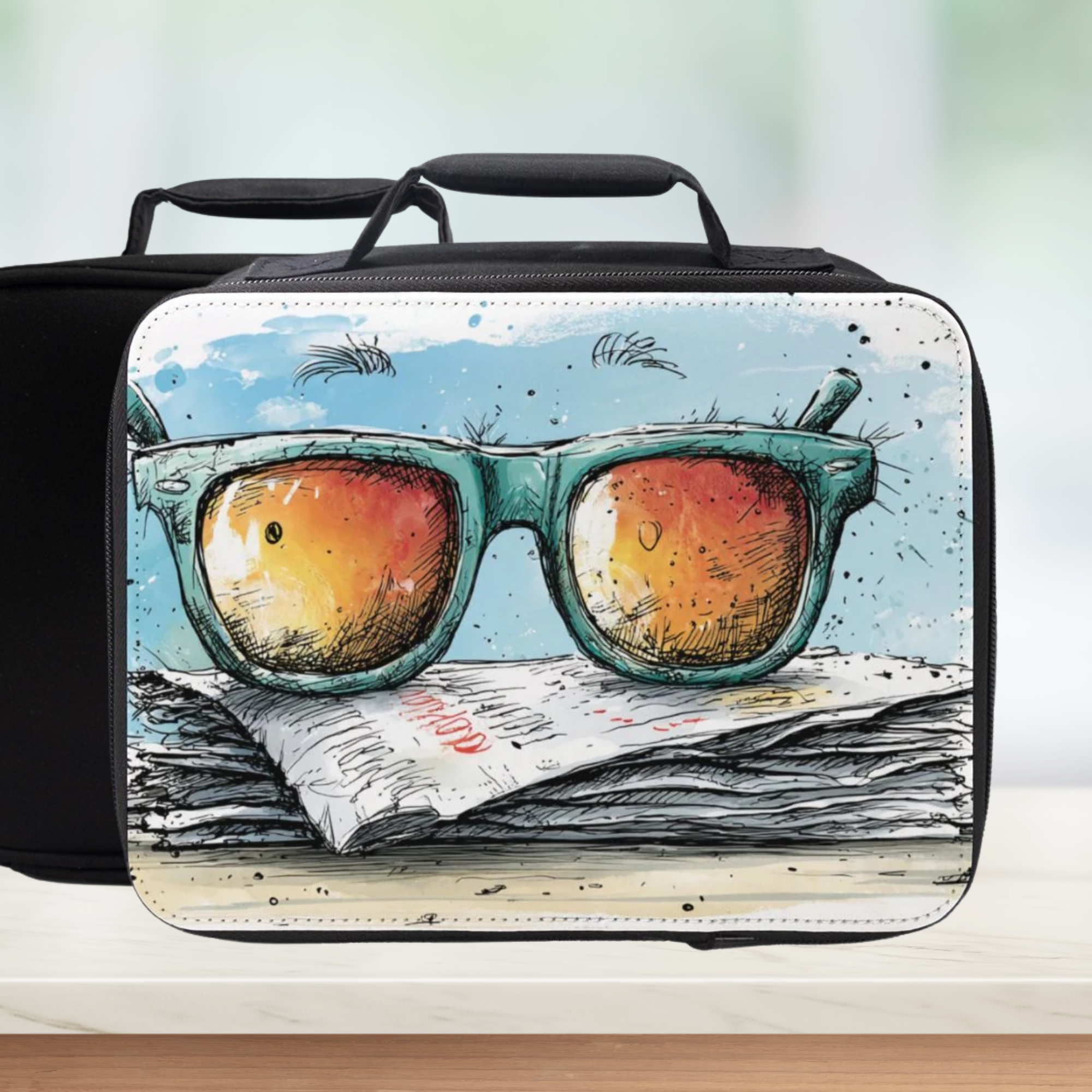  insulated lunch bag with a design of sunglasses and newspaper on a white background