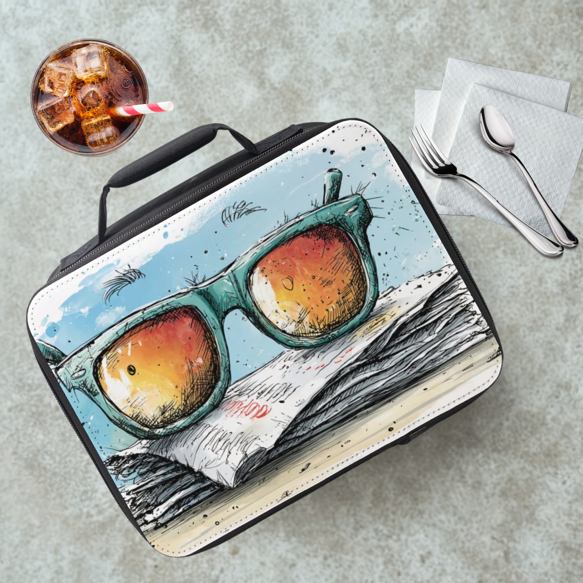 Lunch bag with sunglasses and newspaper design on a cafeteria table with a drink and utensils.