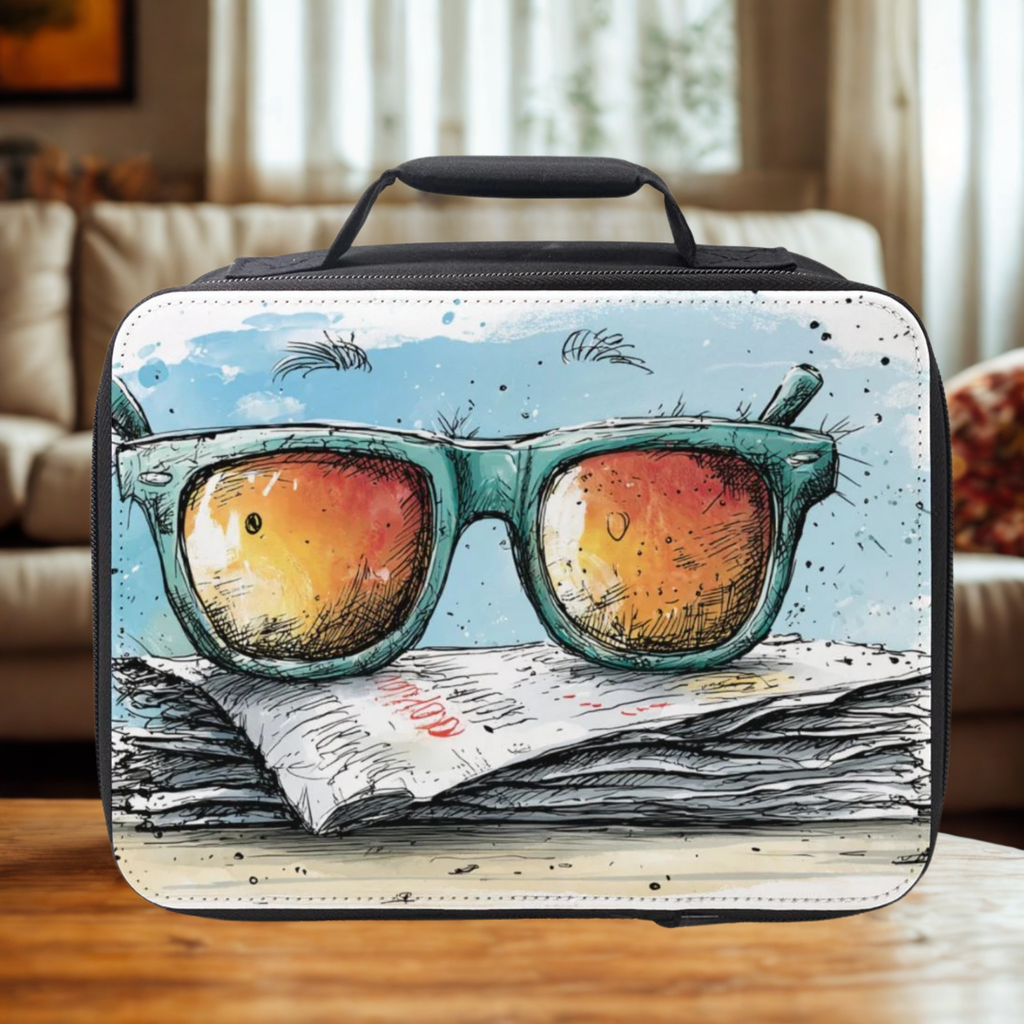Lunch bag with a design of sunglasses and a newspaper on a wooden coffee table in a cozy living room.