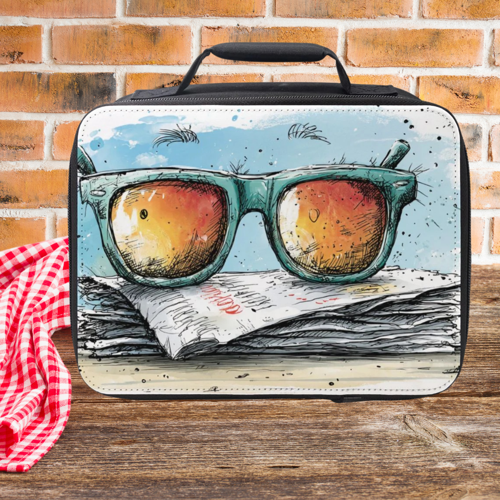 Lunch bag with sunglasses and newspaper design on a wooden picnic table with a brick wall background