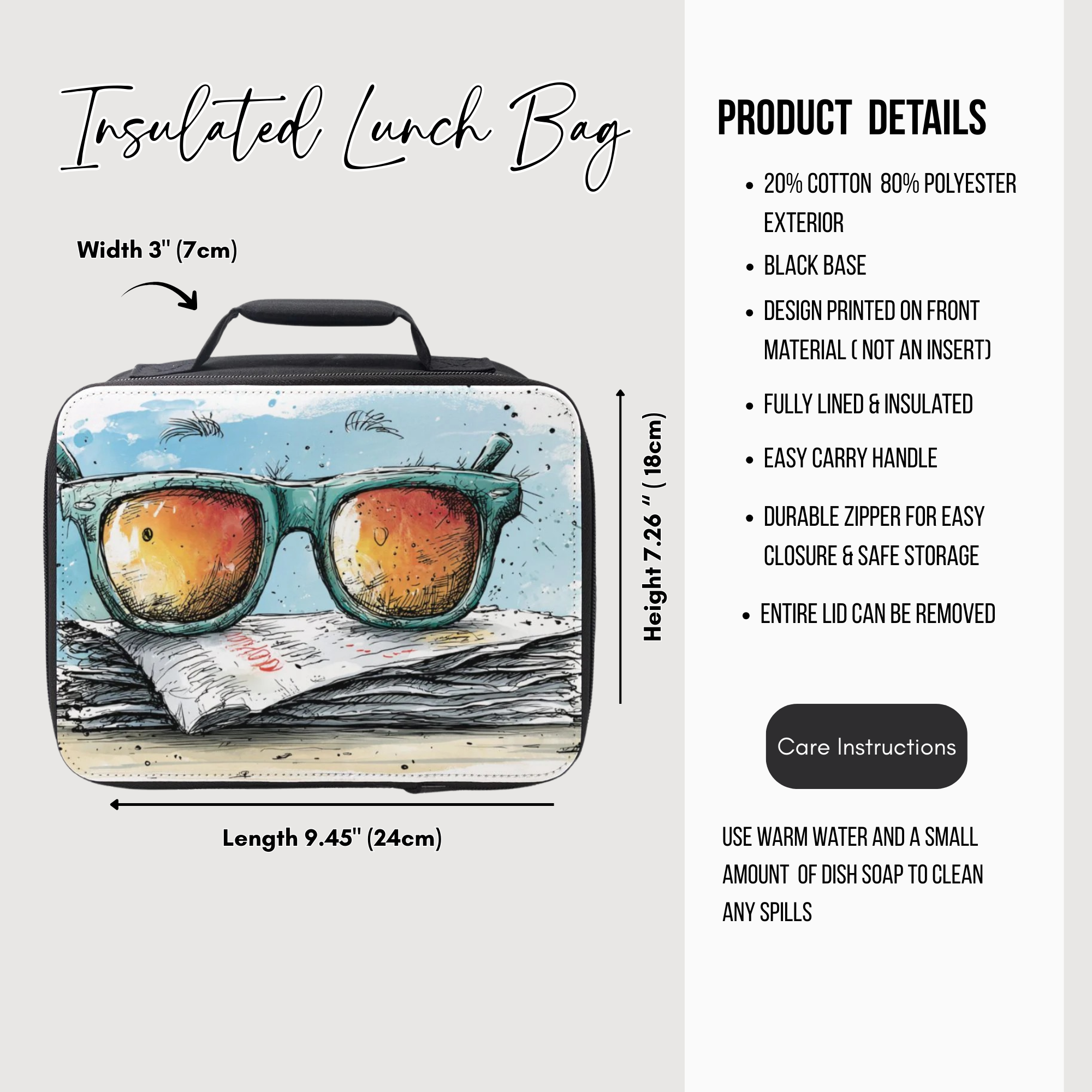 Insulated lunch bag with design of sunglasses and newspaper, featuring product details on a white background.