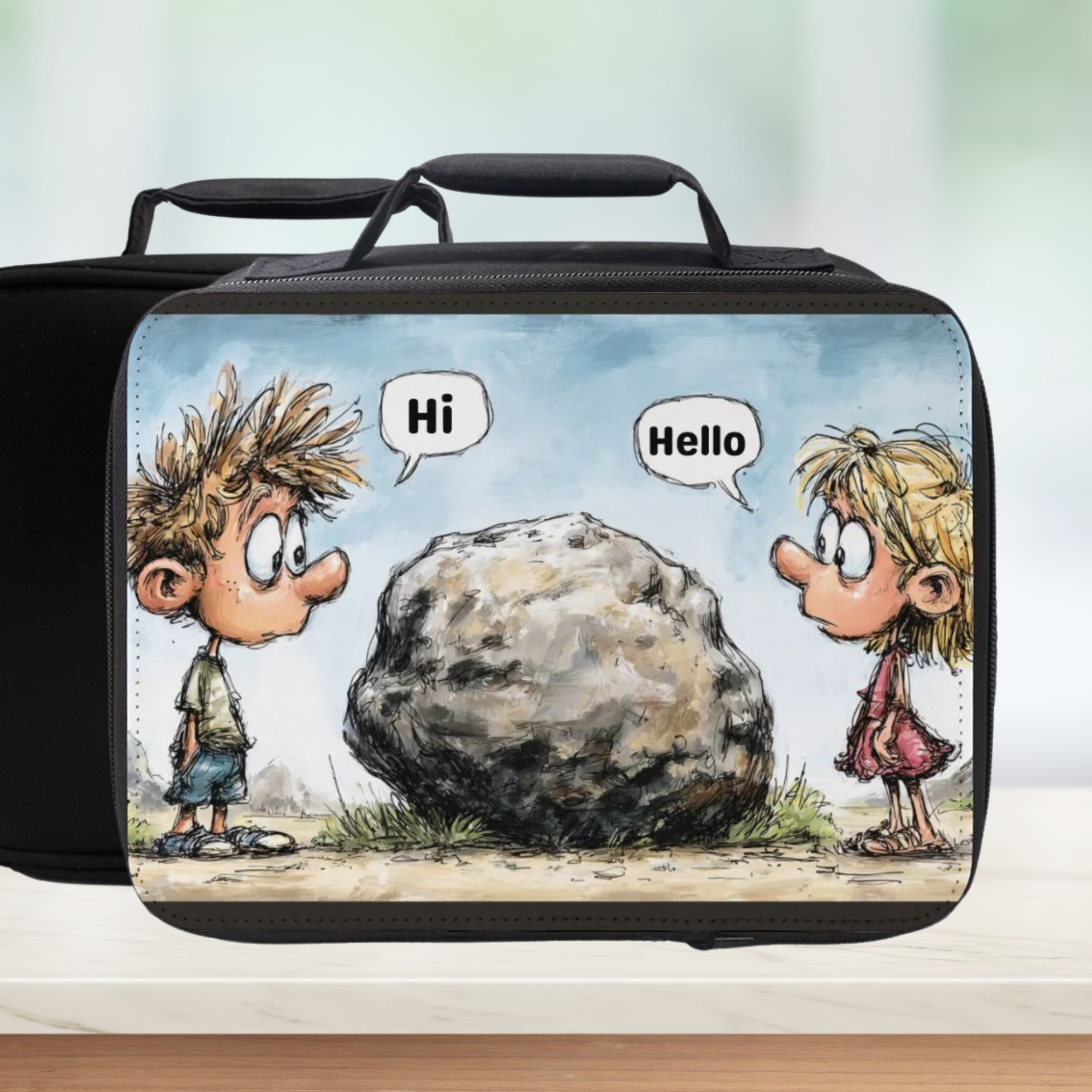 Black lunch bag with cartoon design of two children and a rock on a blurred background