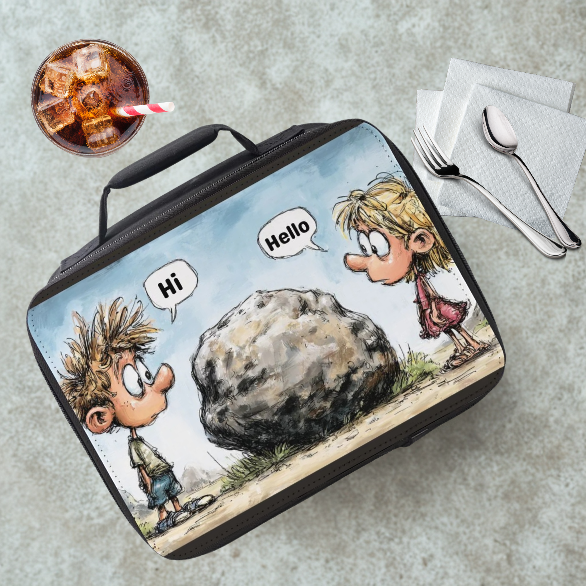 Lunch bag with cartoon design of two characters and a rock on a cafeteria table with a drink and utensils.