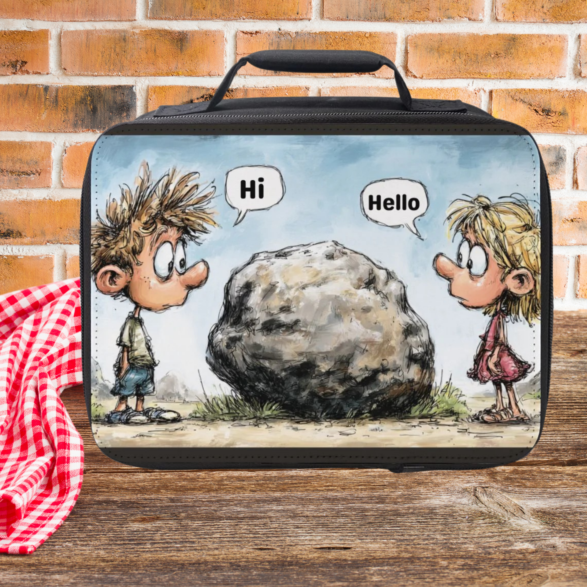 Lunch bag with cartoon design of two characters and a rock, against a brick wall background.