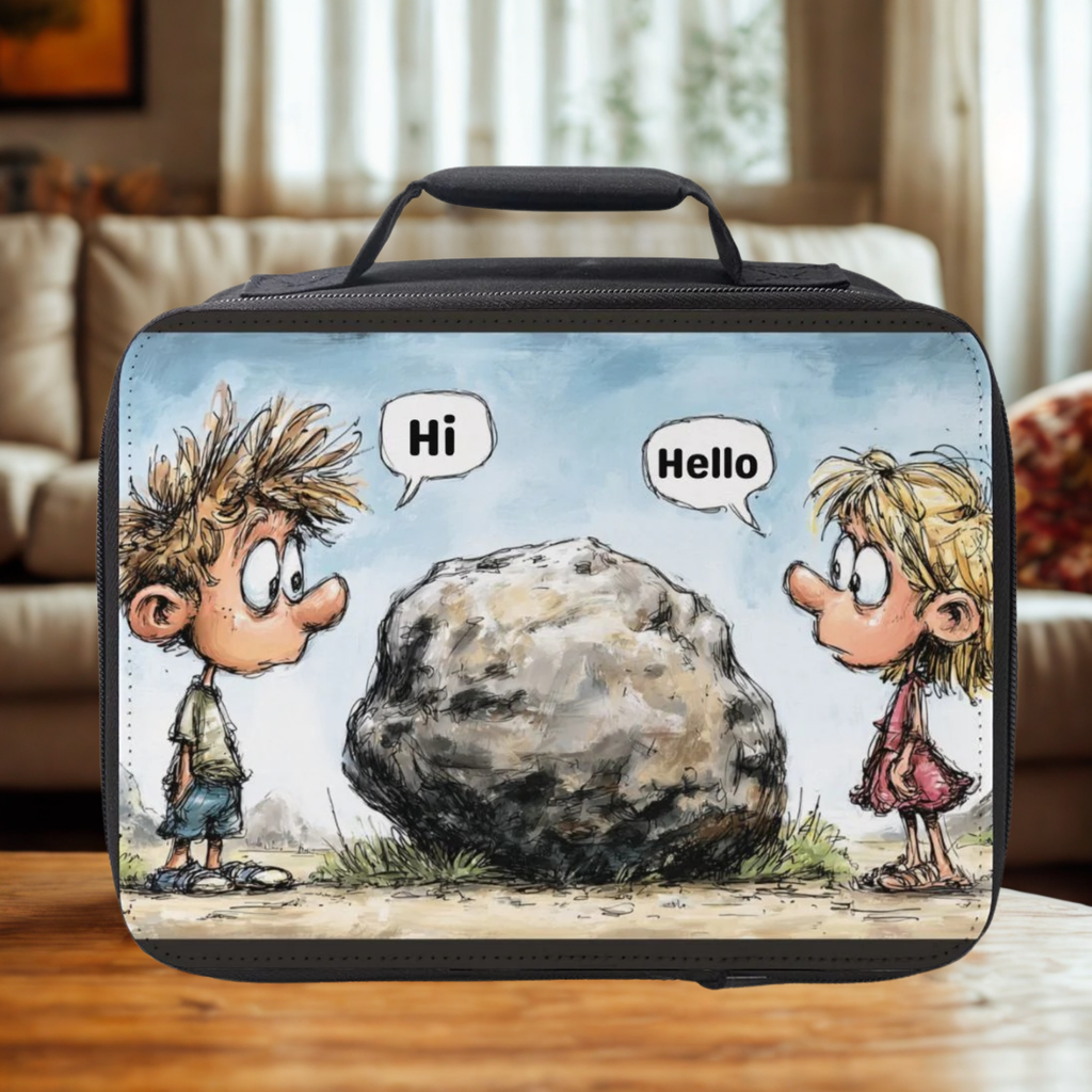  insulated lunch bag with cartoon design of two children behind a rock on a wooden table in a living room.