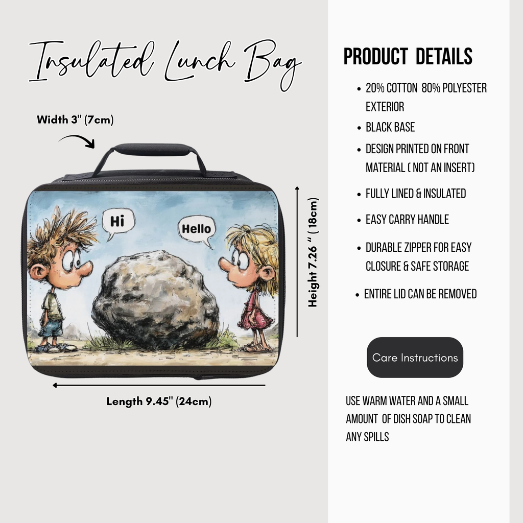 Insulated lunch bag with cartoon design and product details on a white background