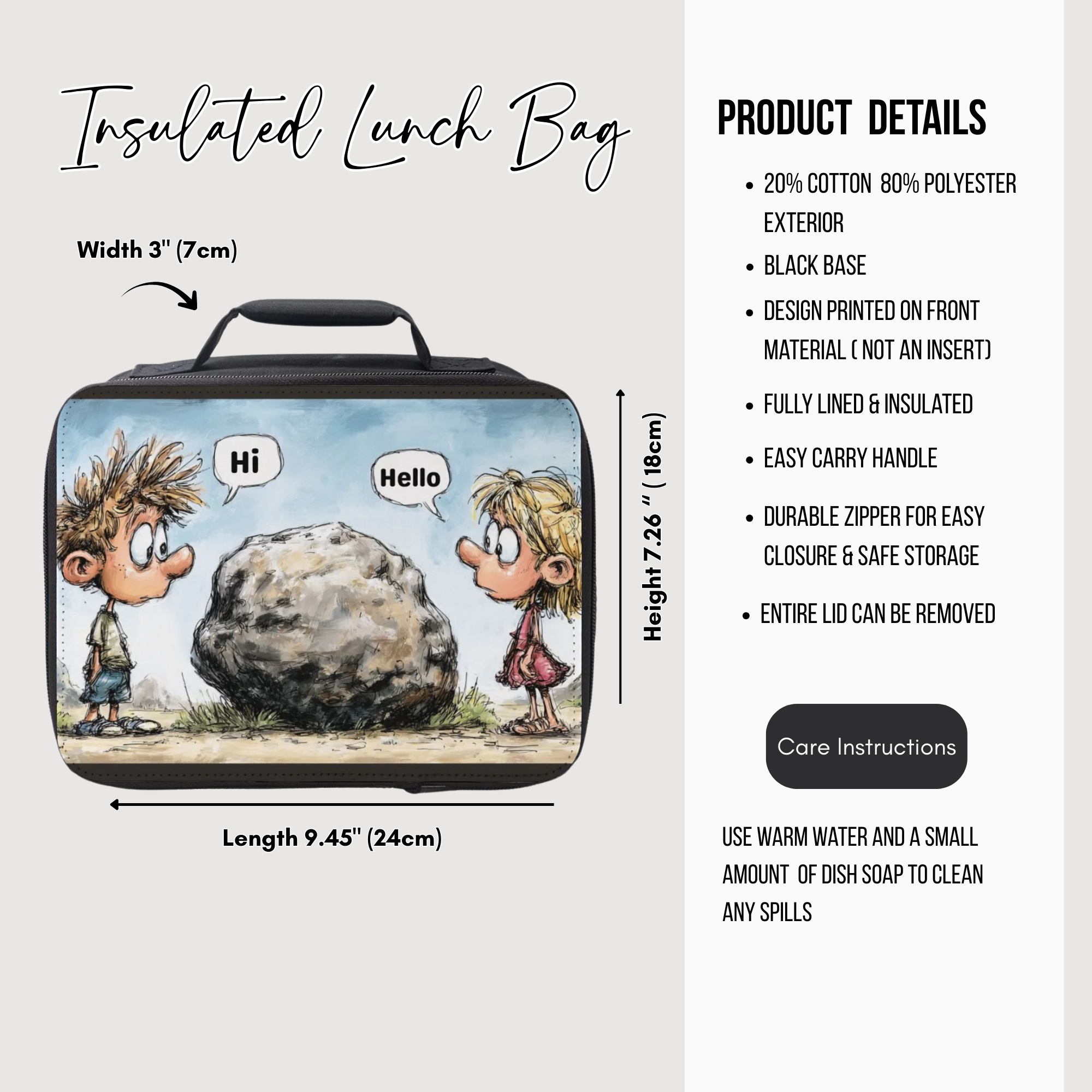 Insulated lunch bag with cartoon design and product details on a white background