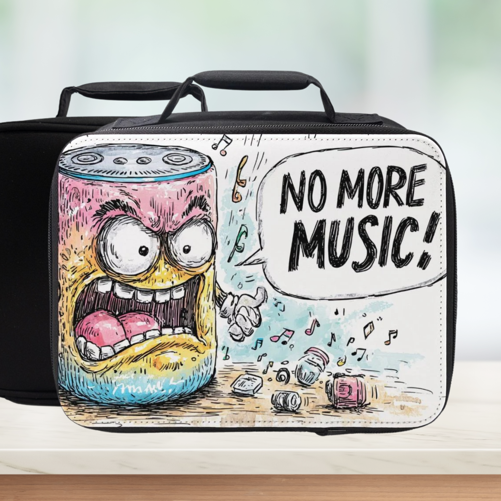 Lunch bag with cartoon design of a music player and 'No More Music!' text