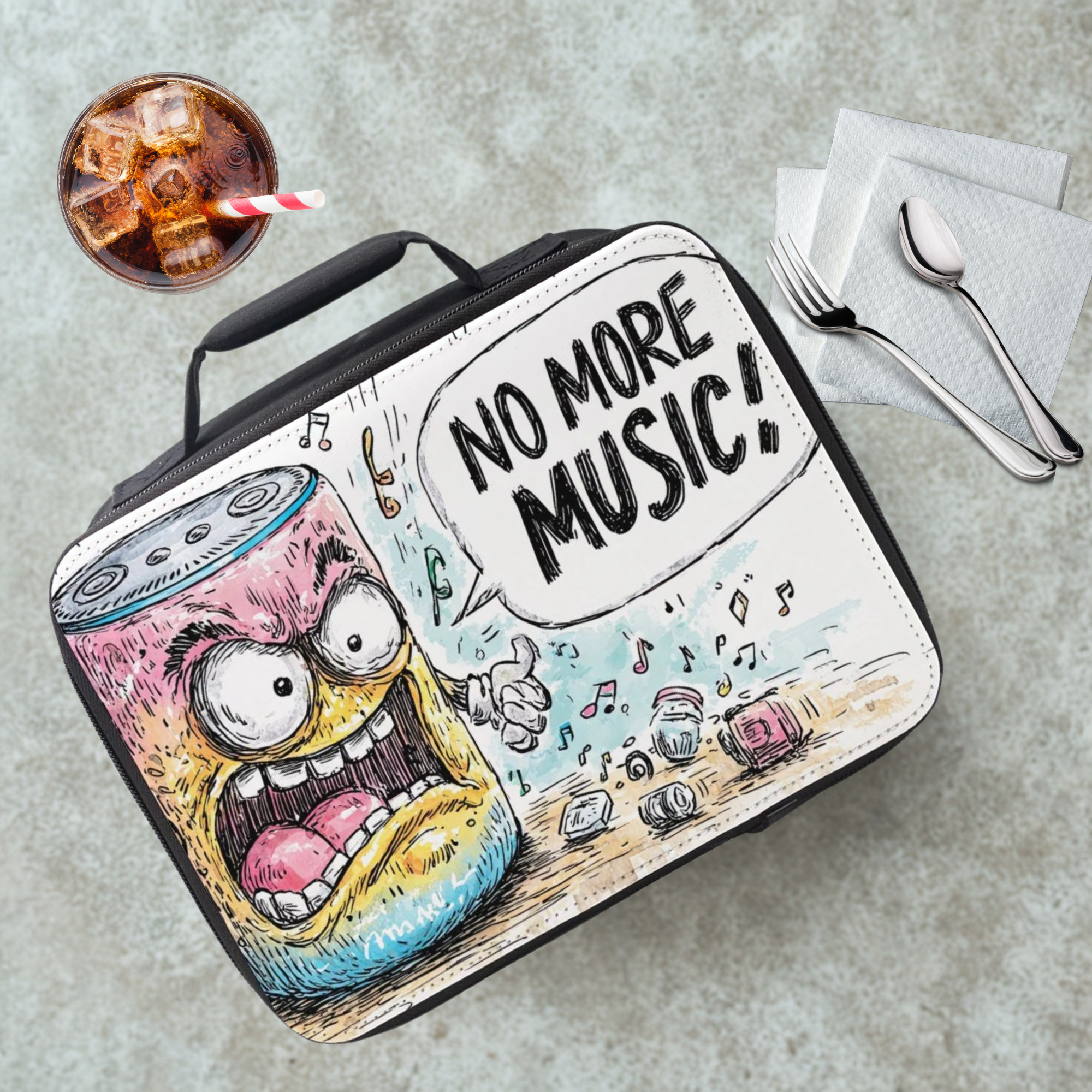 Lunch bag with cartoon character and 'No More Music!' text on a cafeteria table with a drink and utensils.
