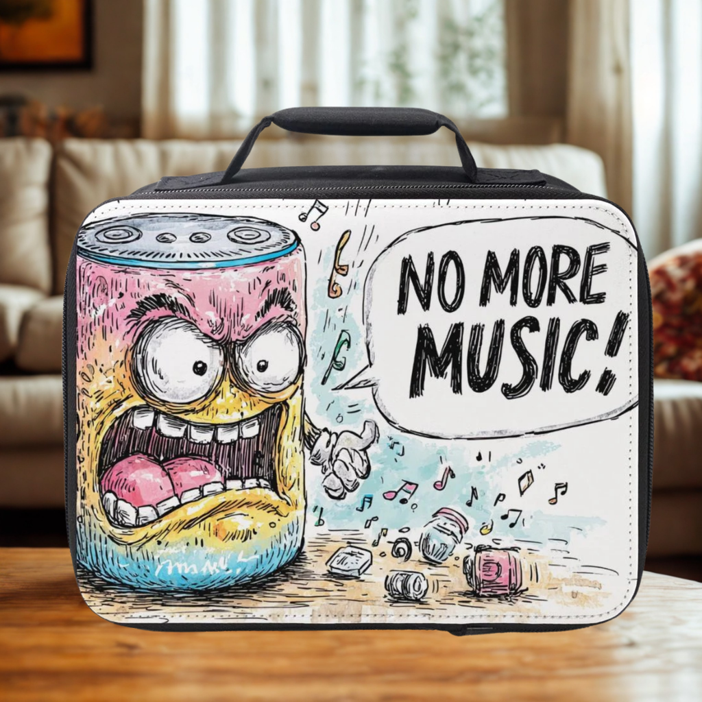 Colorful lunch box with cartoon design and 'No More Music!' text on a wooden surface.
