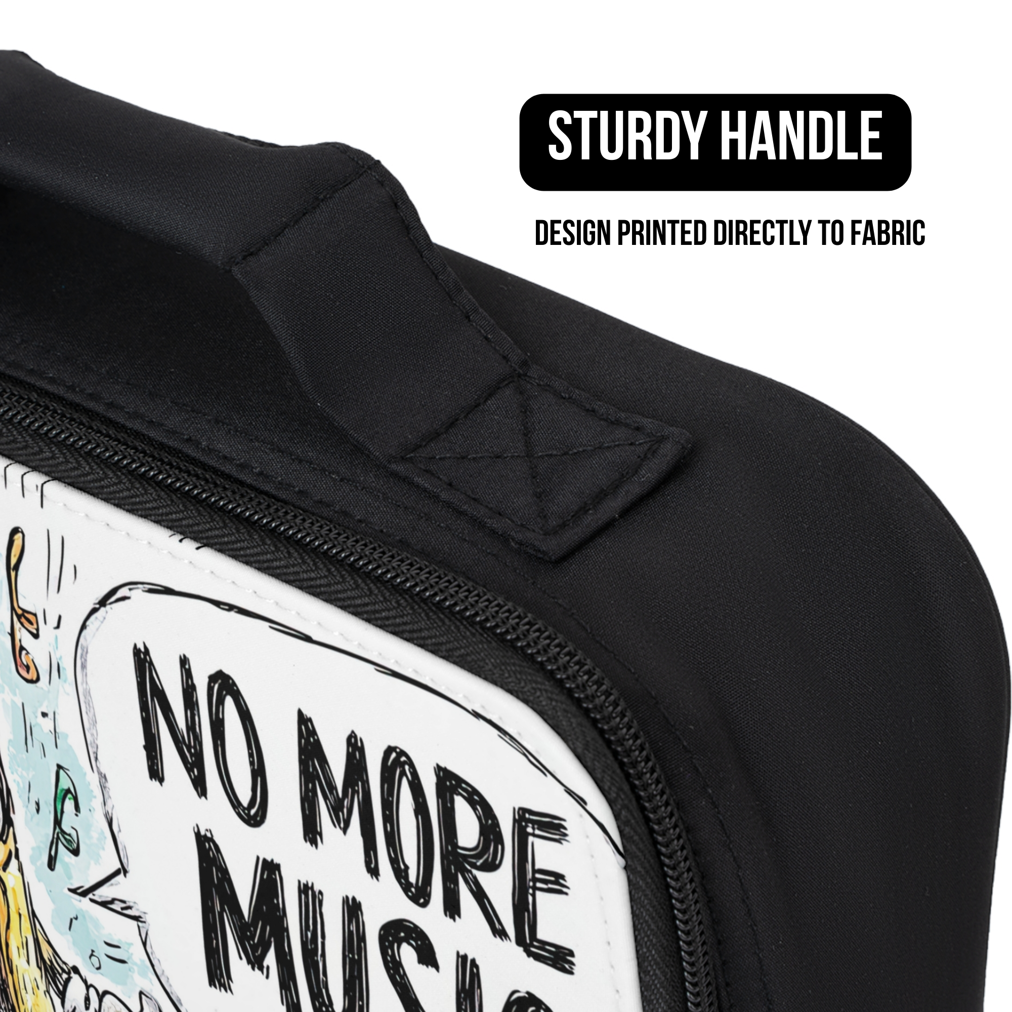 Black lunch bag with 'No More Music' design and sturdy handle feature.