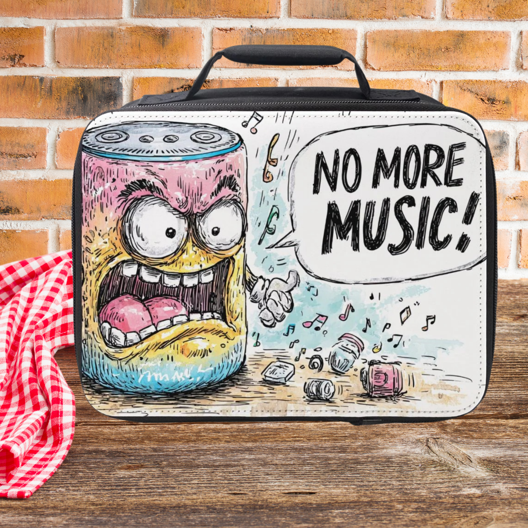 Cartoon lunch bag with character music speaker and 'No More Music!' text against a brick wall.