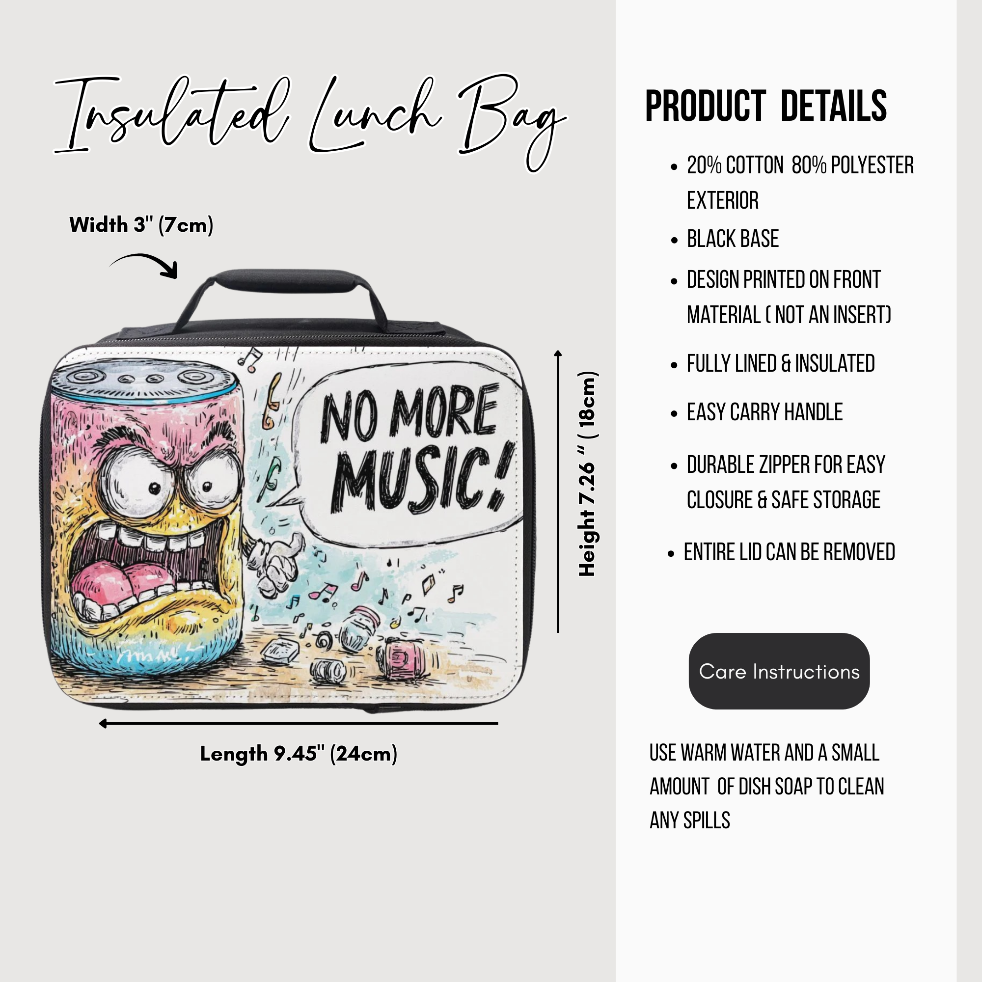 Insulated lunch bag with cartoon design and product details on a white background