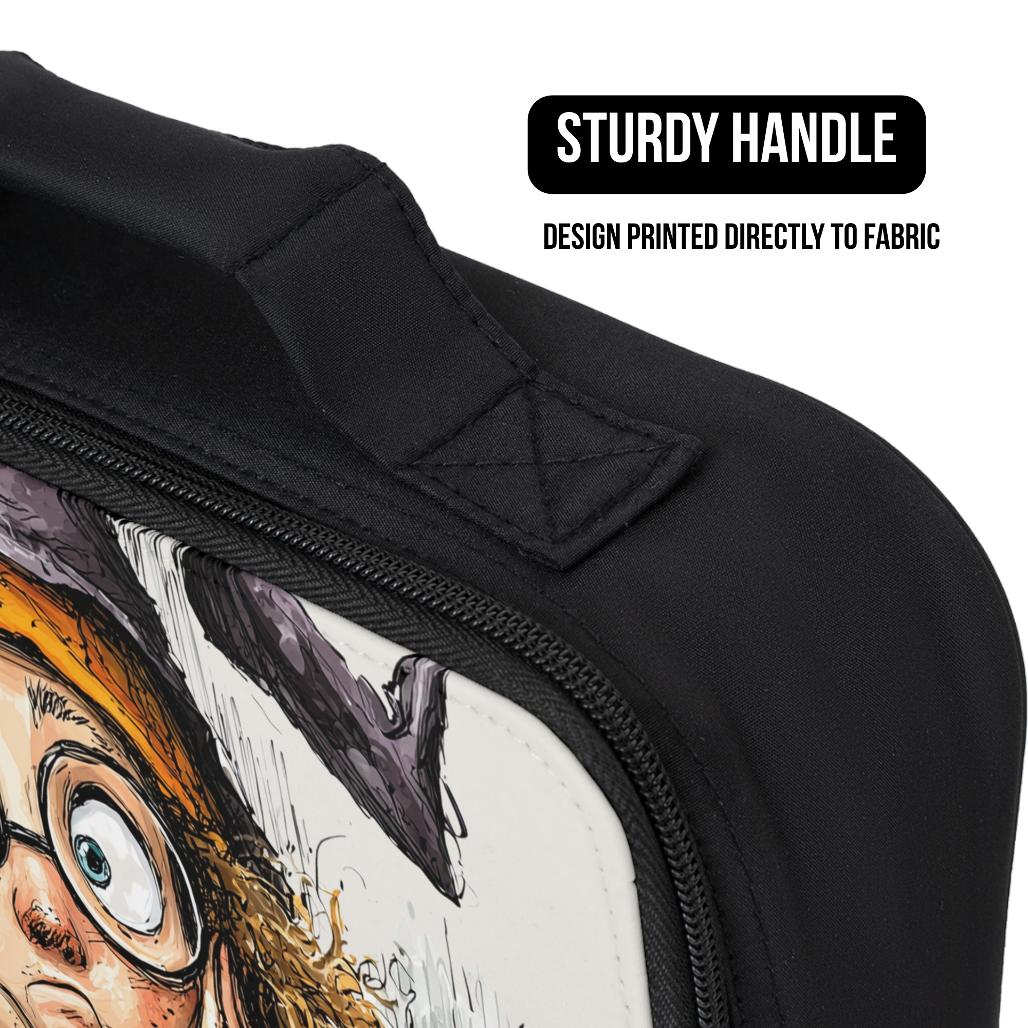 Black lunch bag with a printed design of a character with glasses and a hat, featuring a sturdy handle.