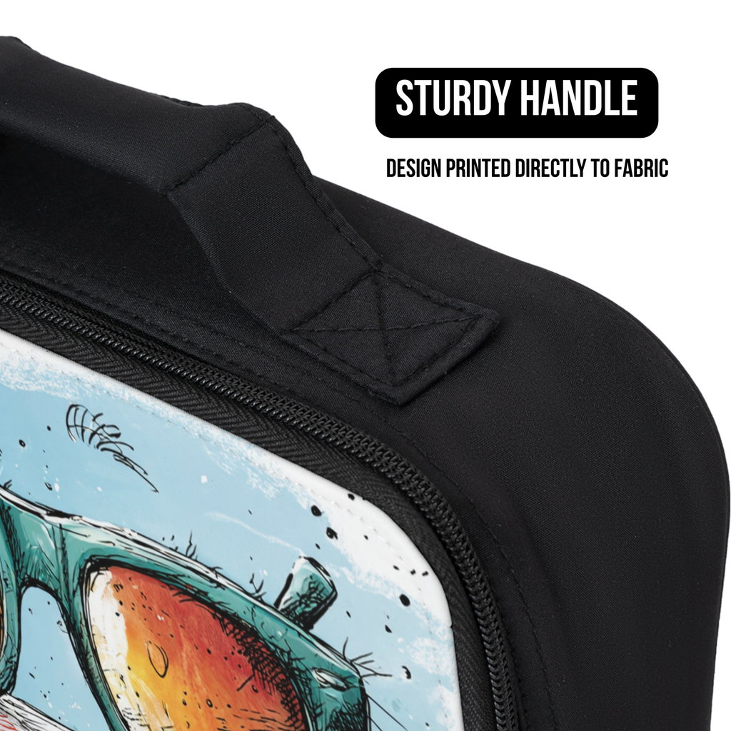 Black lunch bag with a design printed directly to fabric on a white background