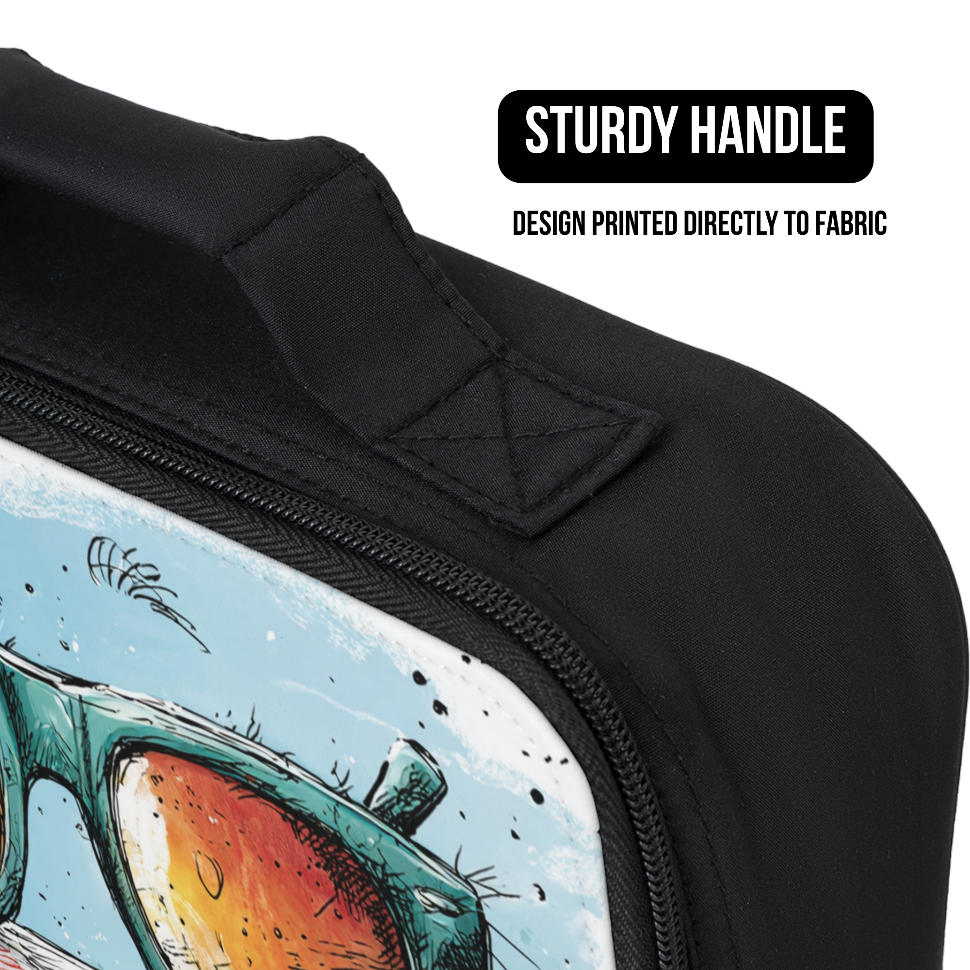 Black lunch bag with a design printed directly to fabric on a white background