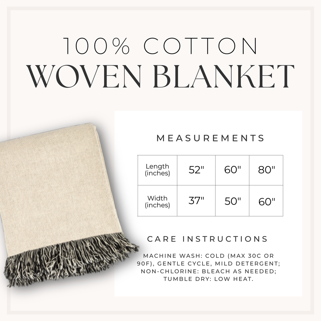 100% cotton woven blanket with measurements and care instructions on a white background