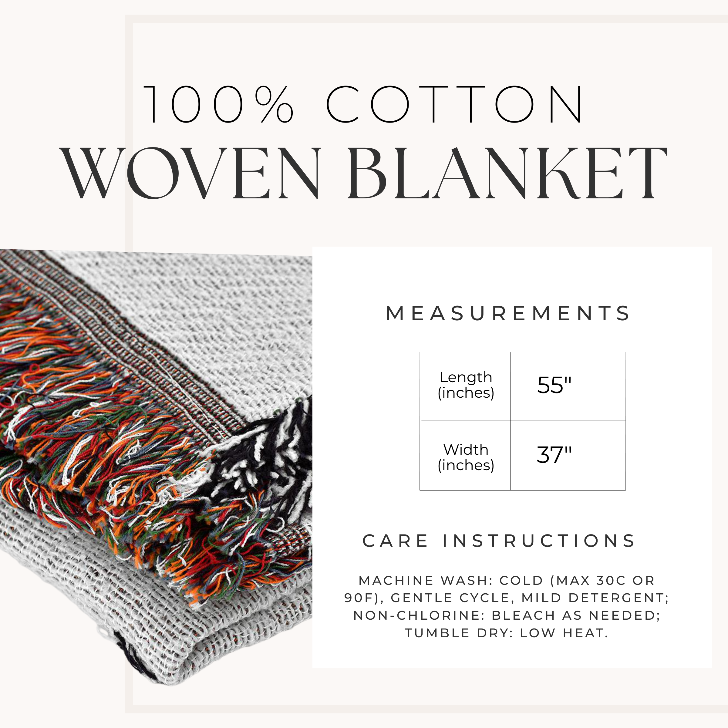 100% cotton woven blanket with measurements, care instructions, and a close-up of the fabric texture.