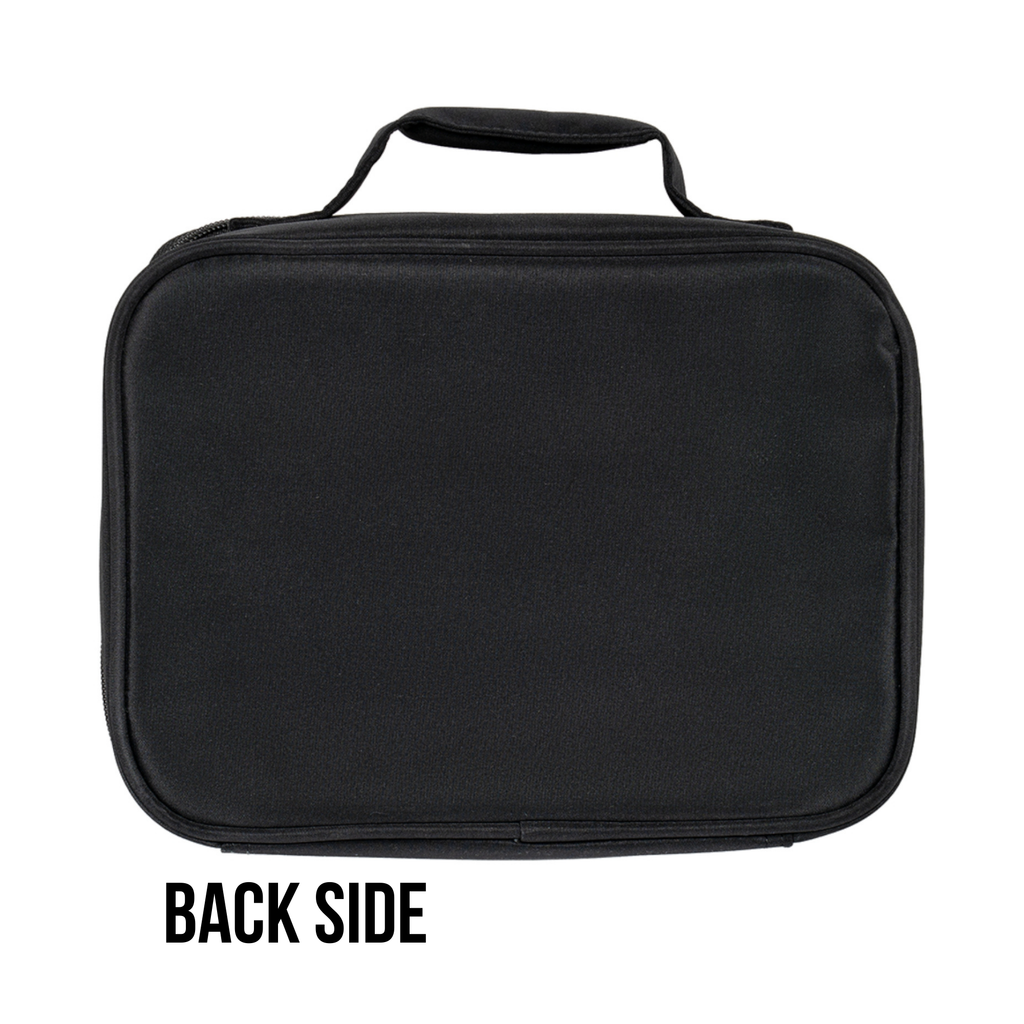 Back side of black rectangular lunch bag with handle on a white background