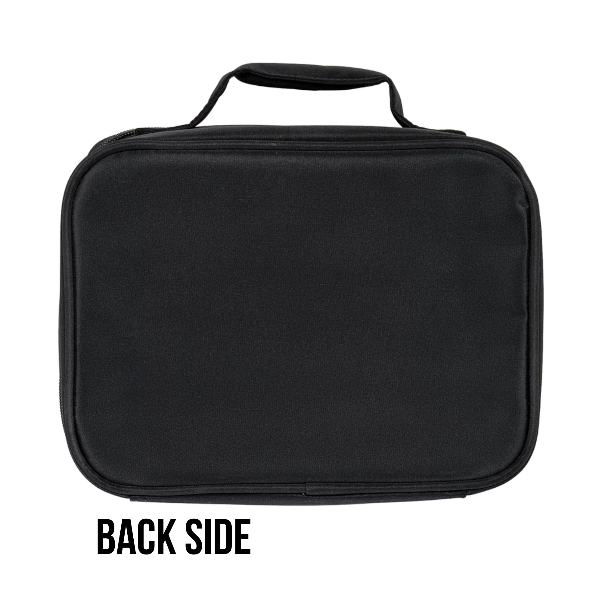 Back side of black rectangular lunch bag with handle on a white background