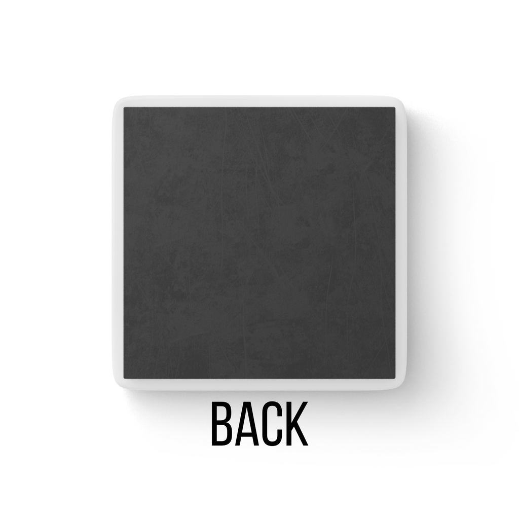 Back side of  square porcelain magnet with 'BACK' text on a white background