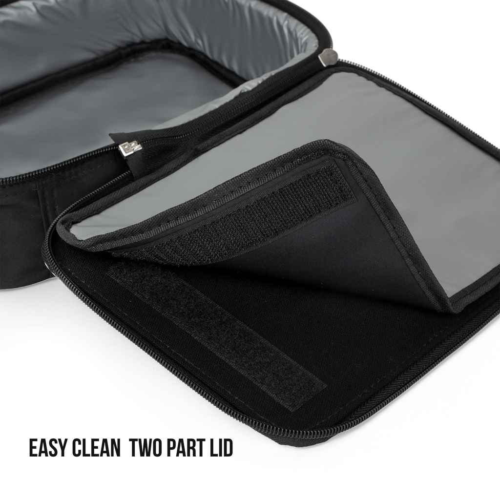 Black two-part lid of insulated lunch bag with text 'EASY CLEAN TWO PART LID' on a white background
