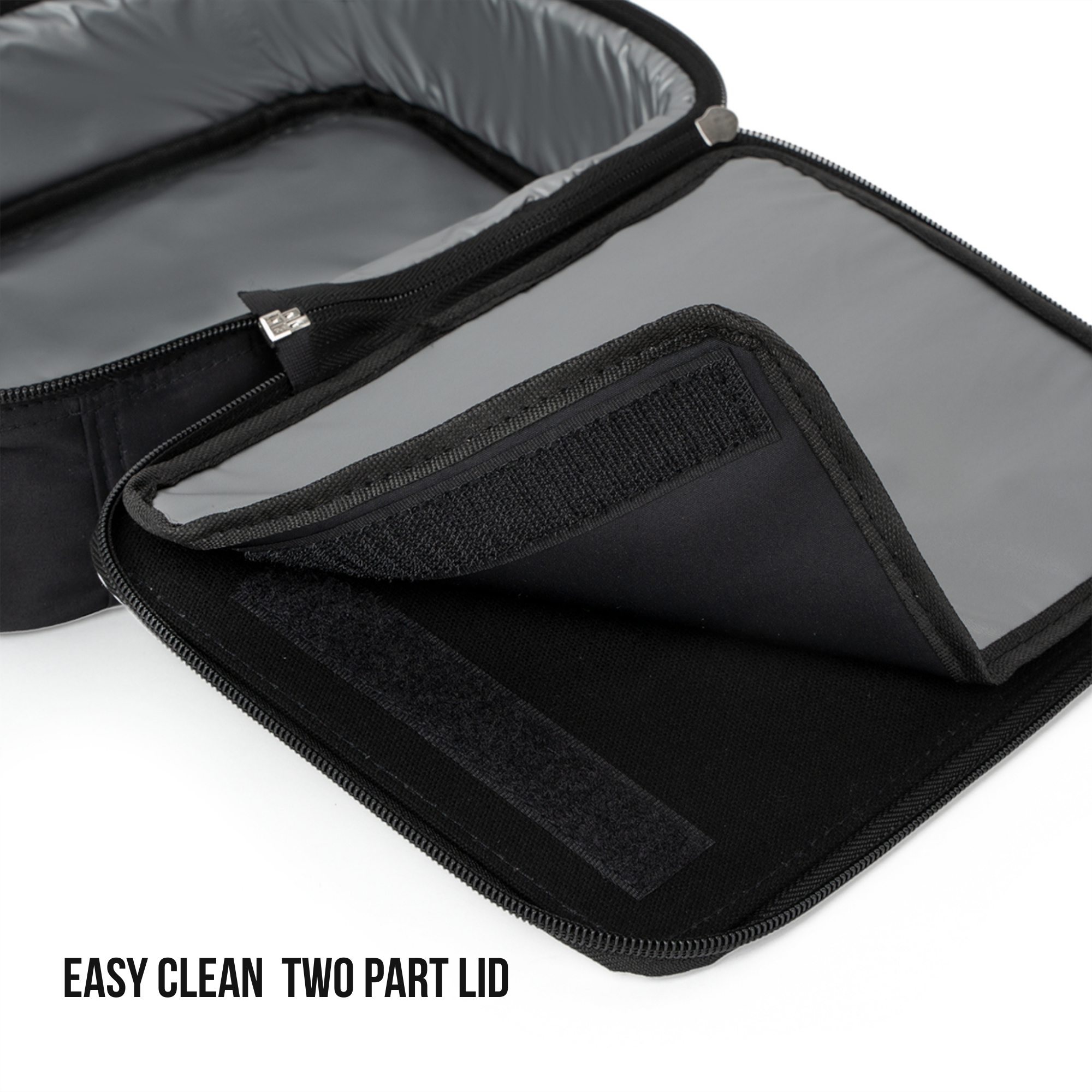 Black two-part lid of insulated lunch bag with text 'EASY CLEAN TWO PART LID' on a white background