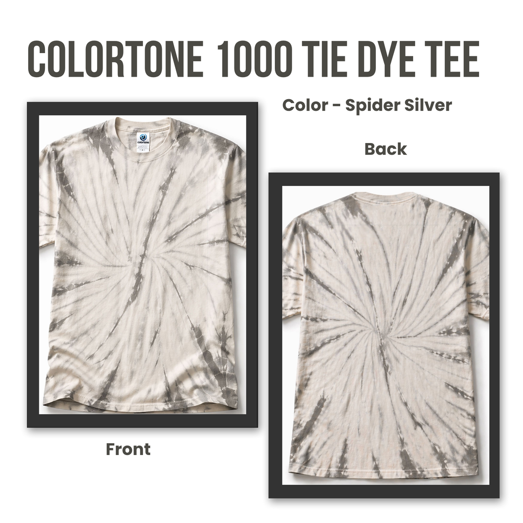 Colortone 1000 tie dye tee shirt with spider silver pattern on a white background
