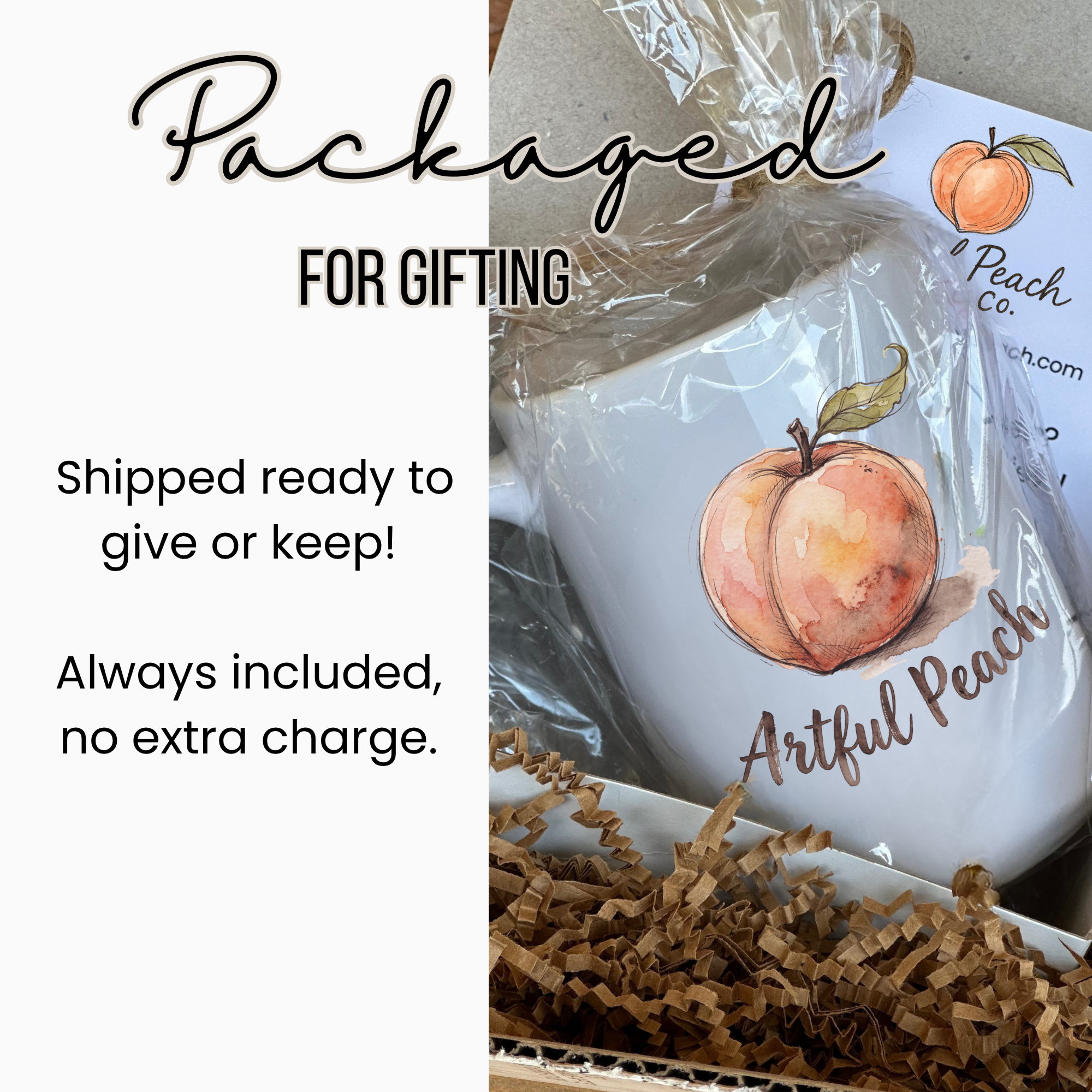White mug with peach design and 'Artful Peach' branding, wrapped in clear plastic , tied with twine, with brown paper underneath inside a white gift box.
