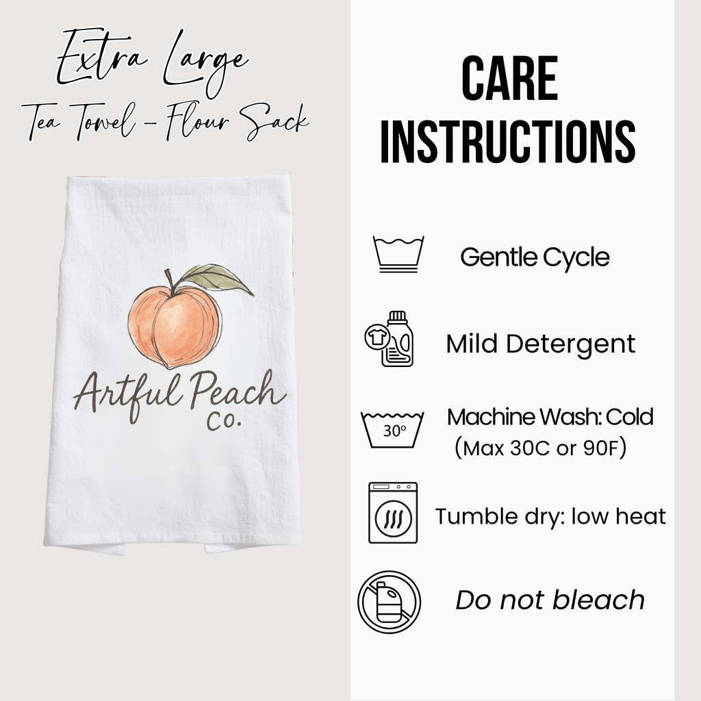 White tea towel with peach design and care instructions on a white background
