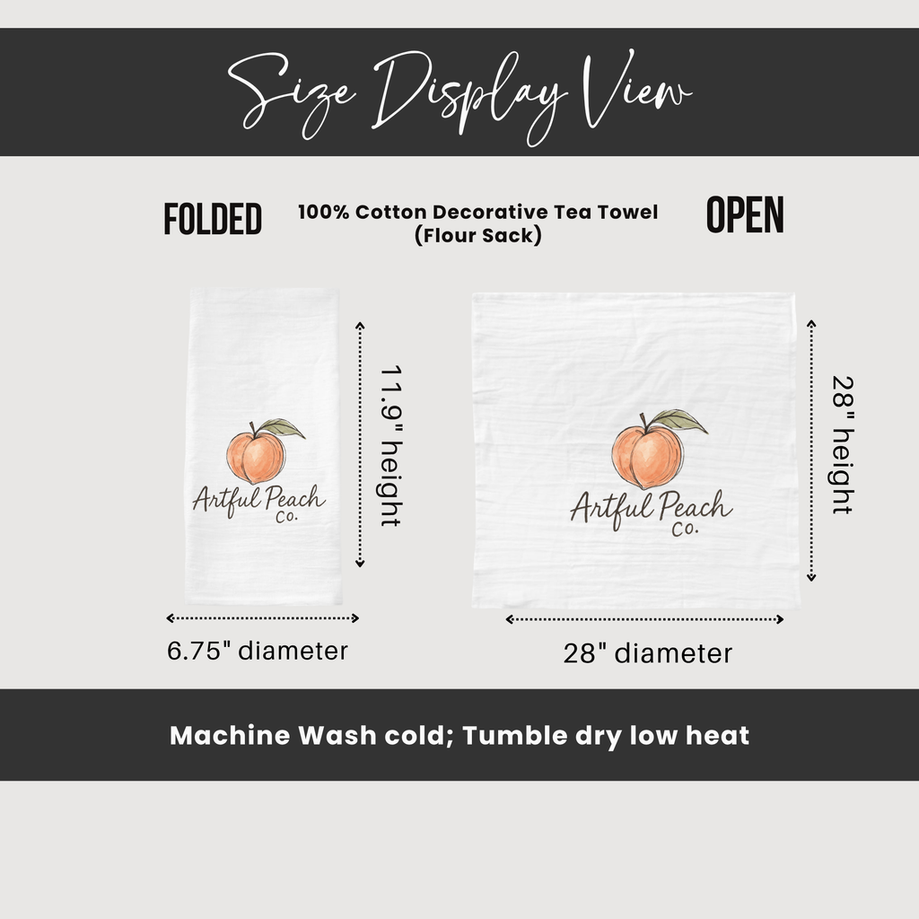 Size display view of a decorative tea towel with dimensions and care instructions.