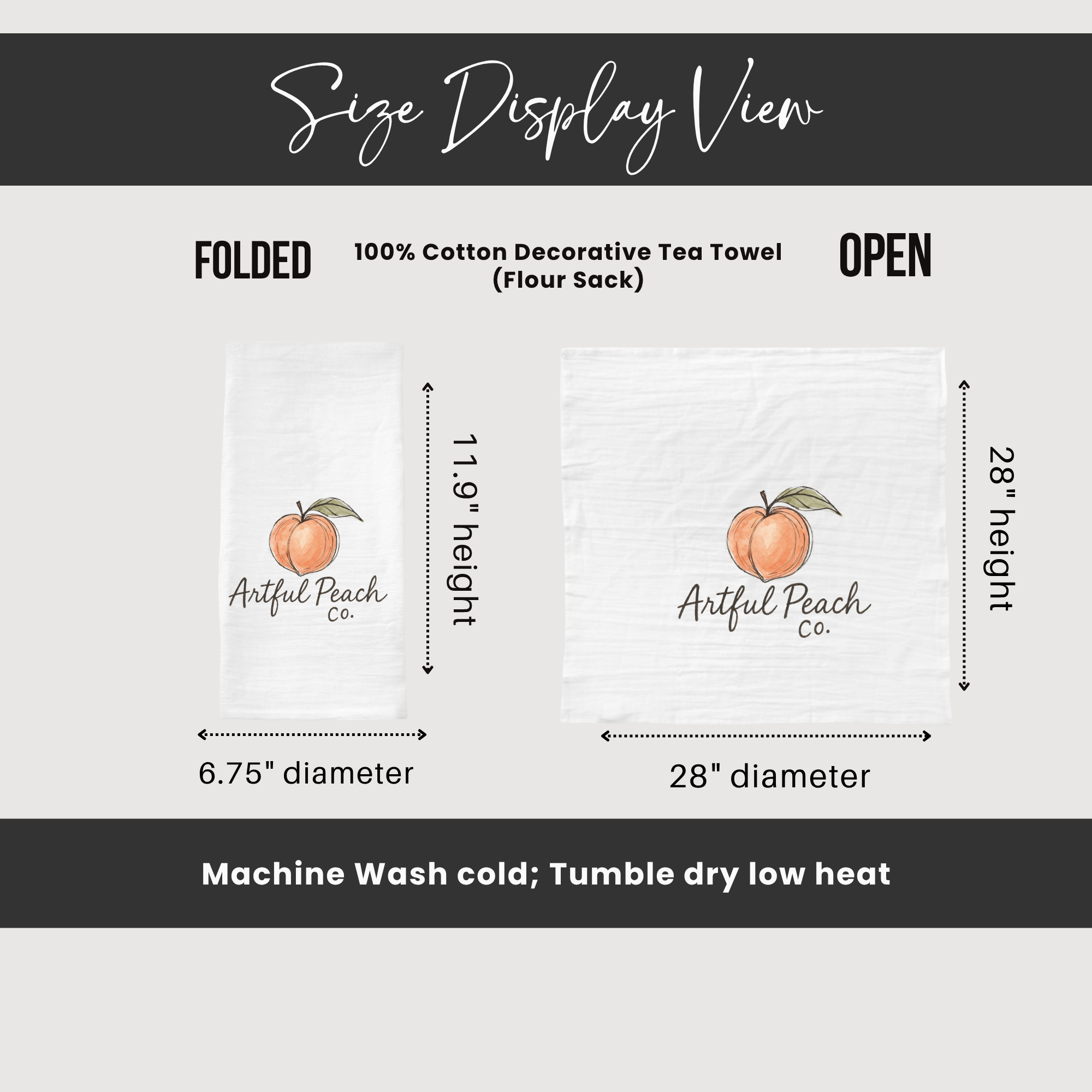 Size display view of a decorative tea towel with dimensions and care instructions.