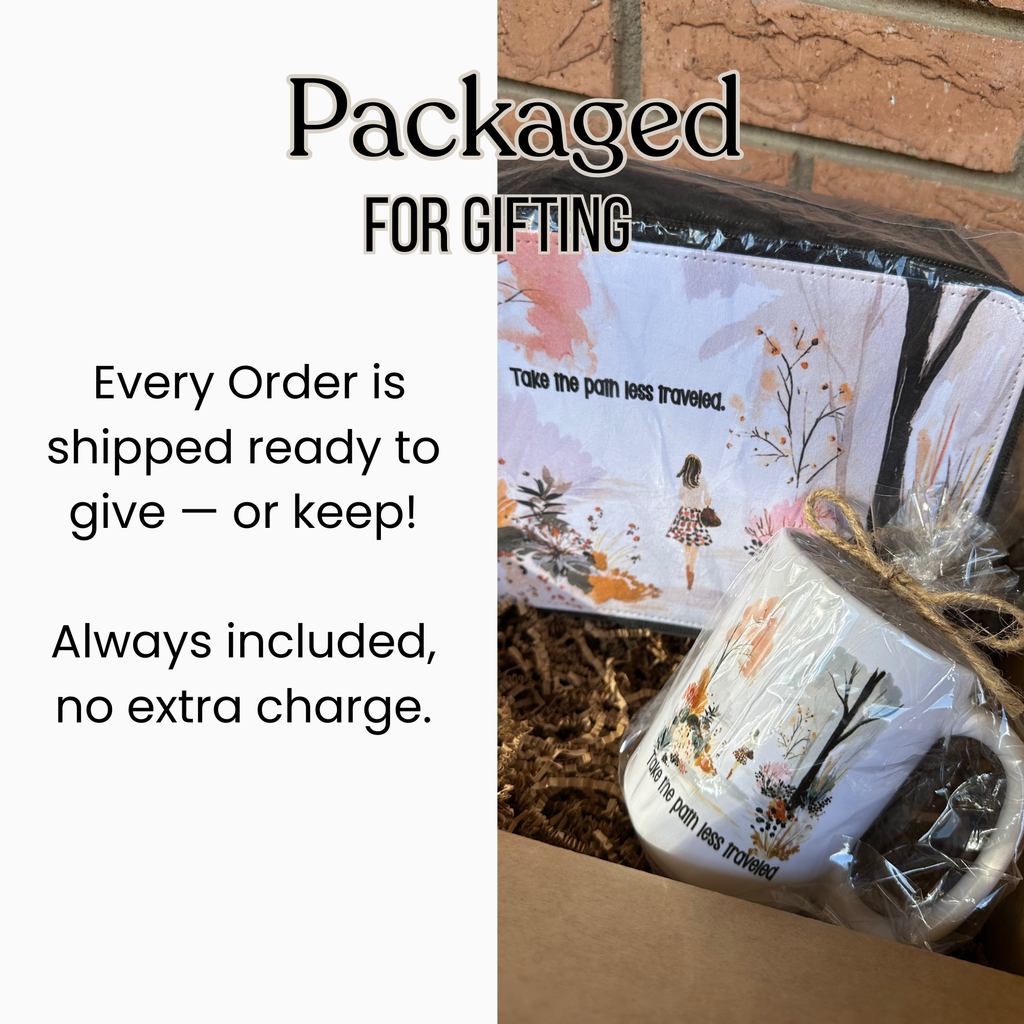 Gift set with a card and wrapped item, labeled 'Packaged for Gifting'.